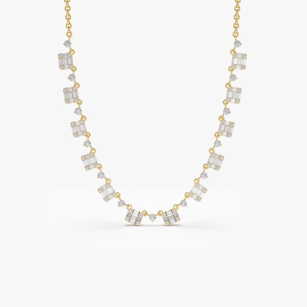OBFJ2097 - Solid Gold Illusion Setting Baguette Diamond Statement Necklace necklace in selectable metal and diamond options - Roselle Jewelry view 1