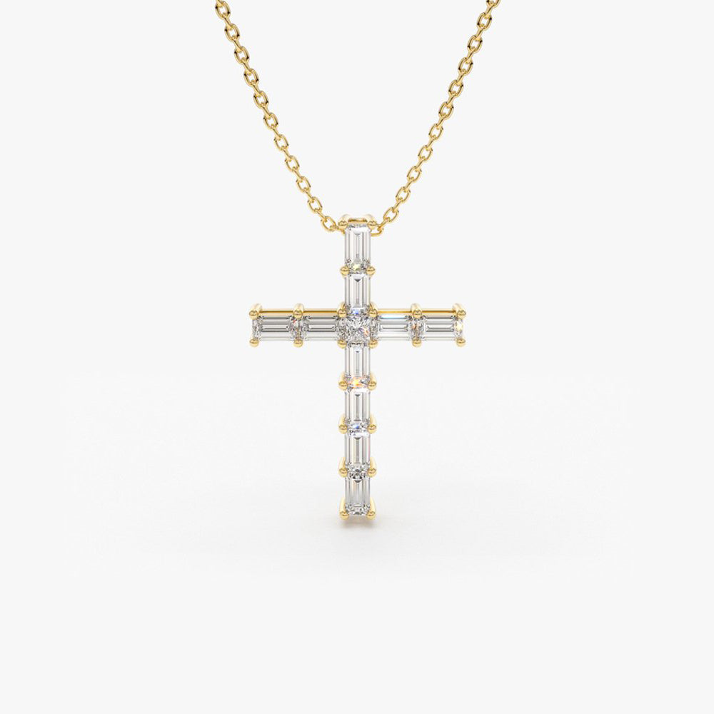 OBFJ1831 - Baguette Diamond Cross necklace in selectable metal and diamond options - Roselle Jewelry view 1