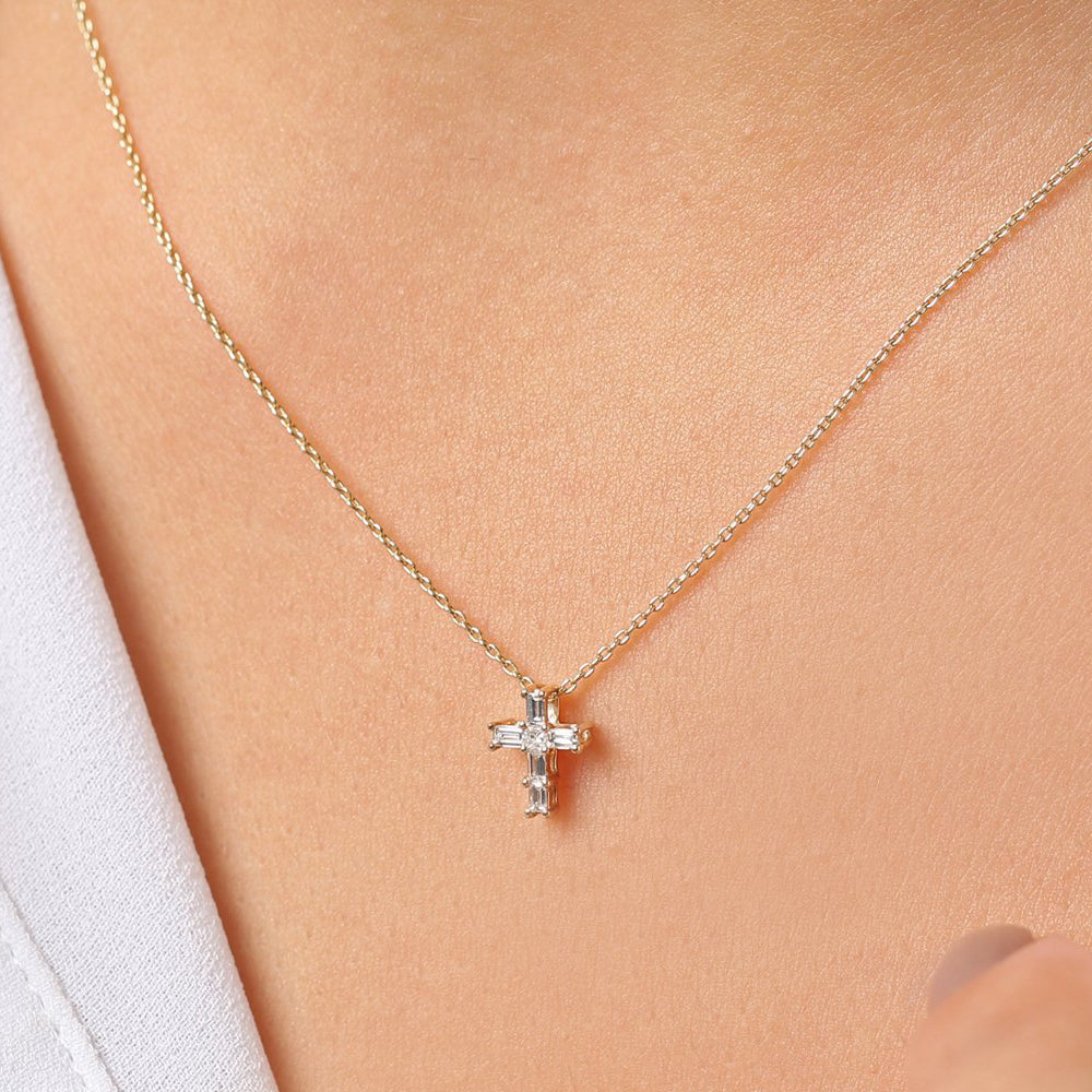 OBFJ0214 - 14K Rose Gold Baguette Diamond Tiny Cross Necklace 2