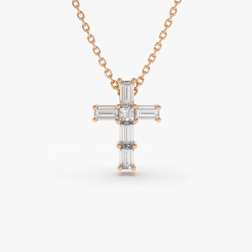 OBFJ0214 - 14K Rose Gold Baguette Diamond Tiny Cross Necklace 1