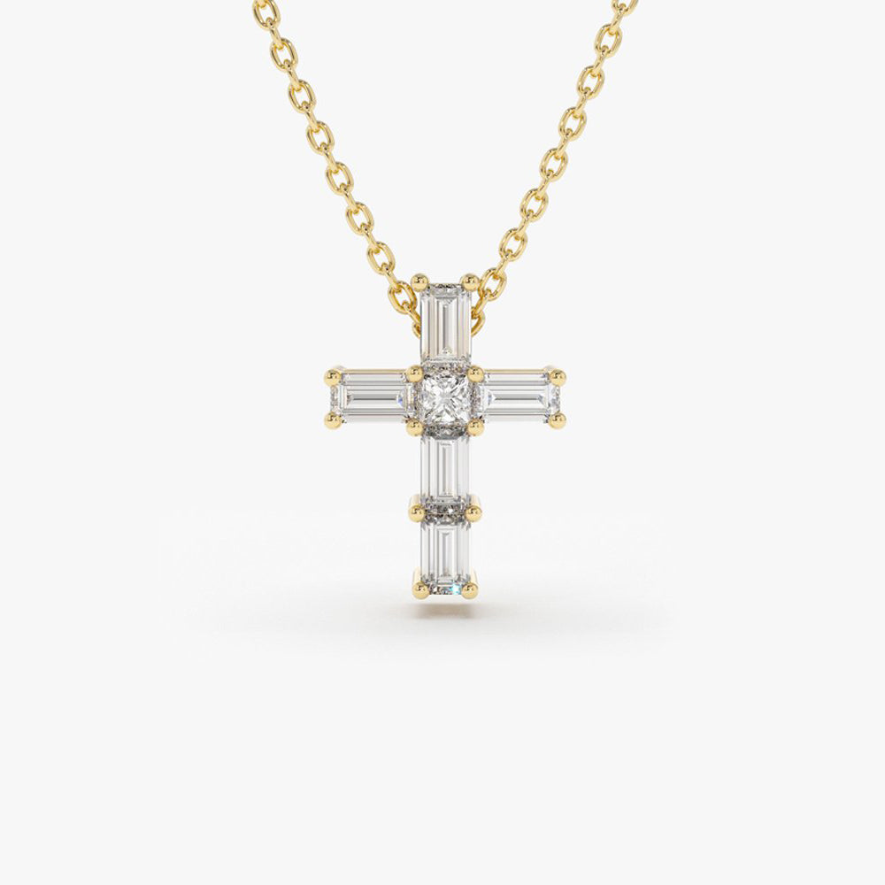 OBFJ1881 - Baguette Diamond Tiny Cross Necklace necklace in selectable metal and diamond options - Roselle Jewelry view 1