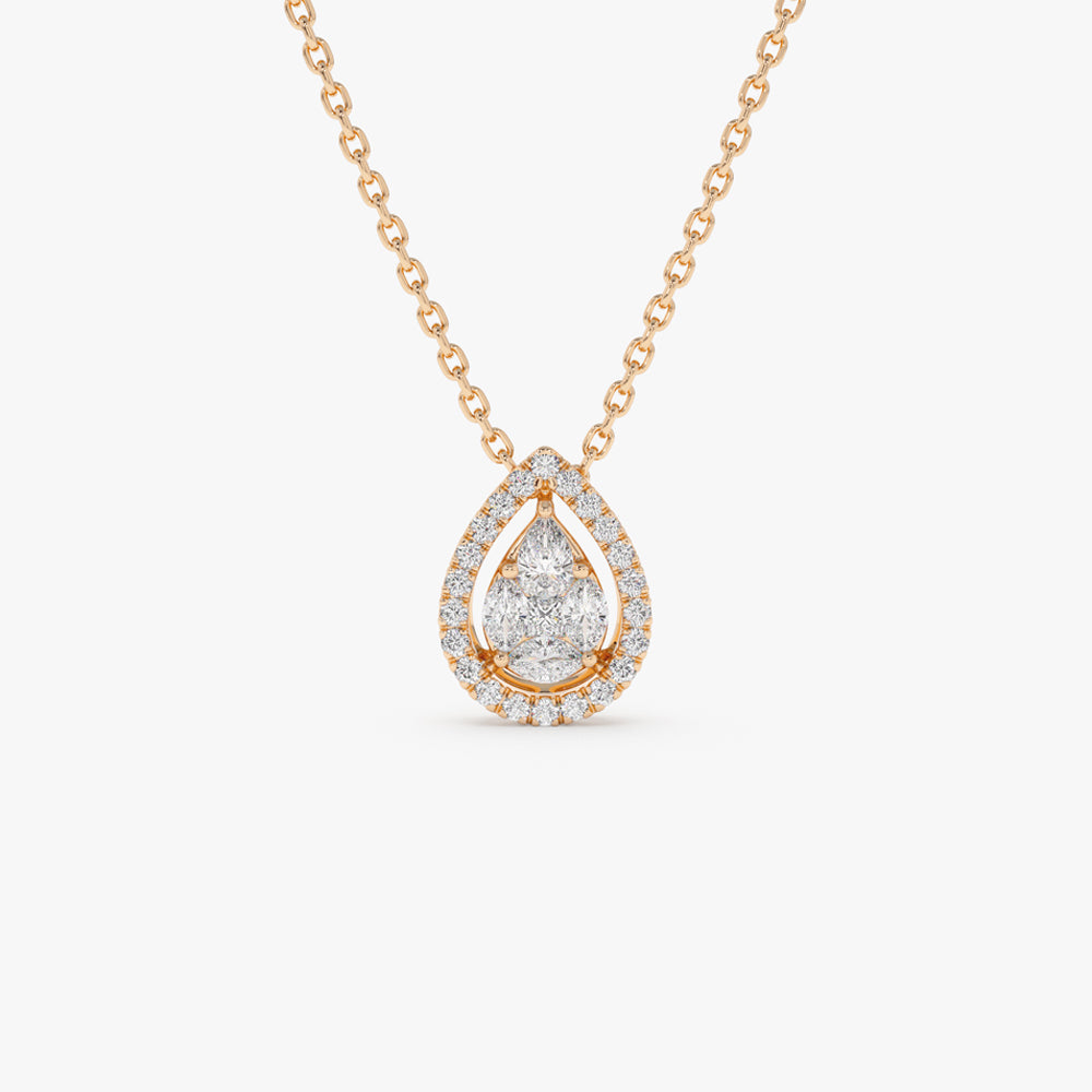 OBFJ0113 - 14K Rose Pear Shaped Illusion Setting Halo Diamond Necklace 1