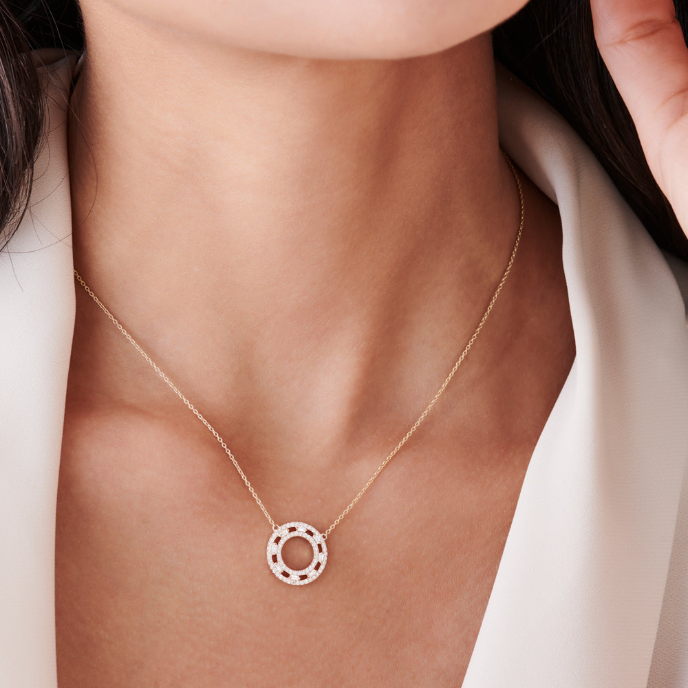 OBFJ0106 - 14k Rose Full Circle Baguette & Round Diamond Necklace 3