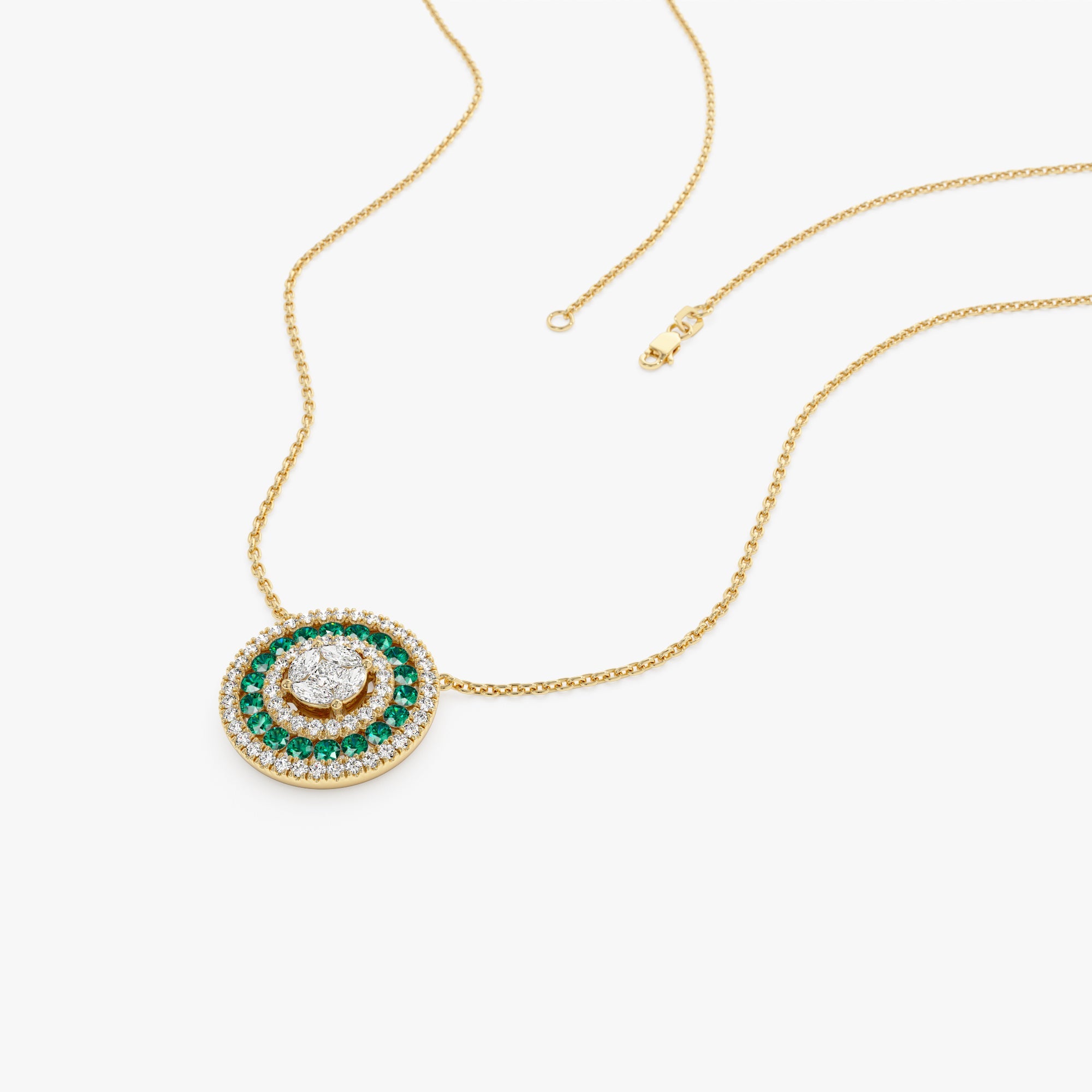 OBFJ1044 - 14K Gold Round Diamond Emerald Necklace 8