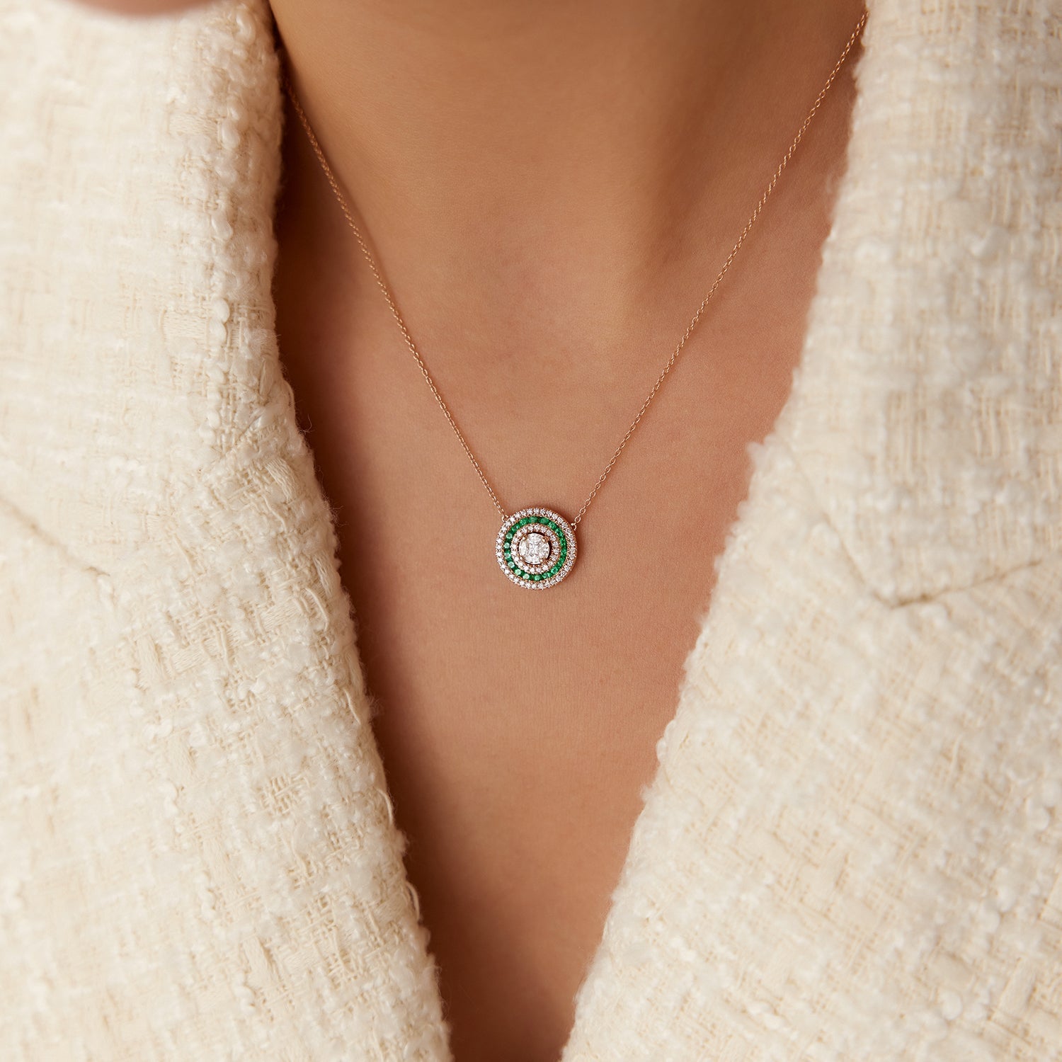 OBFJ1044 - 14K Gold Round Diamond Emerald Necklace 5