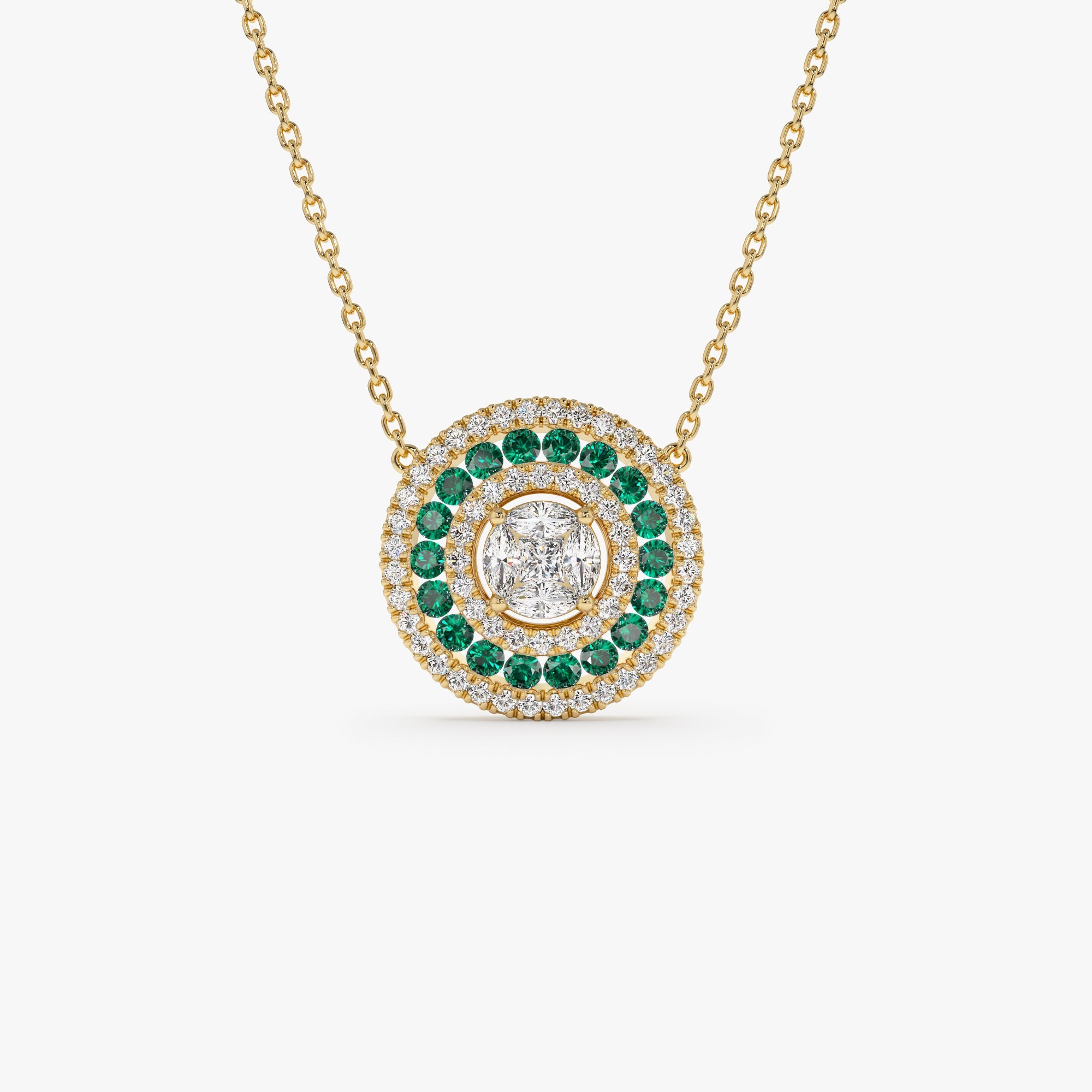 OBFJ1044 - 14K Gold Round Diamond Emerald Necklace 1