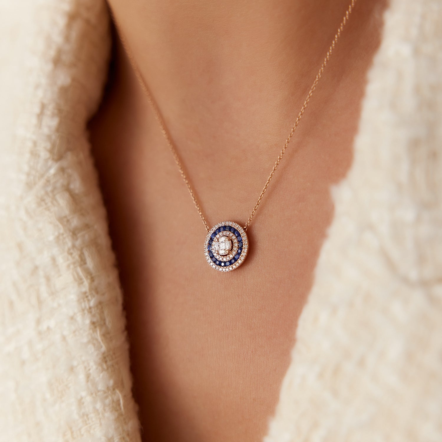 OBFJ1042 - 14K Gold Round Diamond Sapphire Necklace 5