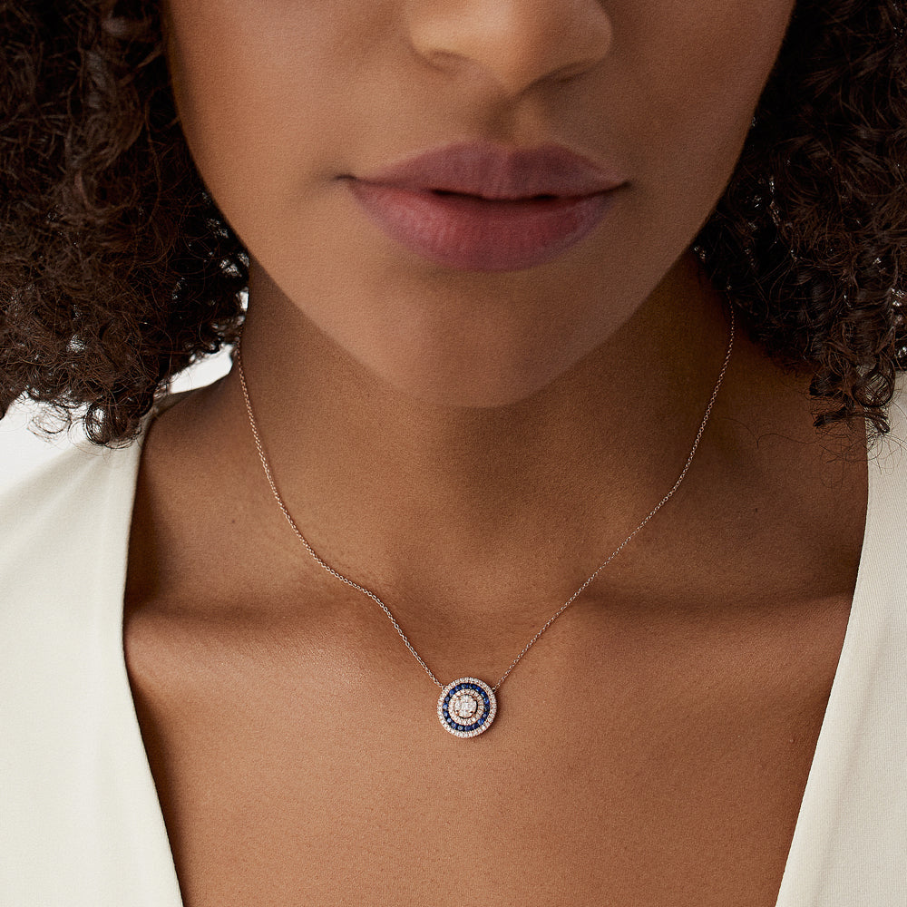 OBFJ1042 - 14K Gold Round Diamond Sapphire Necklace 3