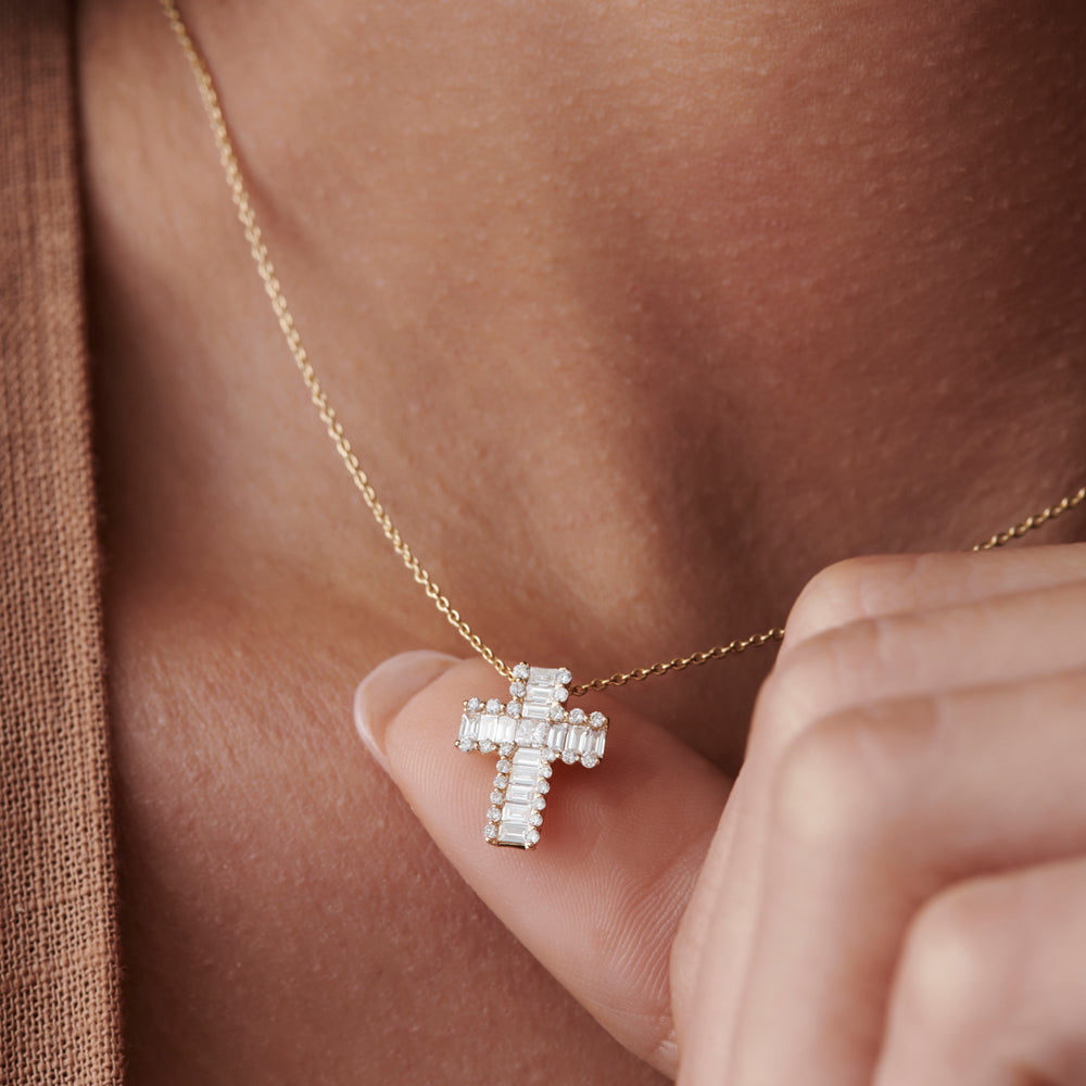 OBFJ0104 - 14k Rose Unique Cross with Baguettes and Round Diamonds 2