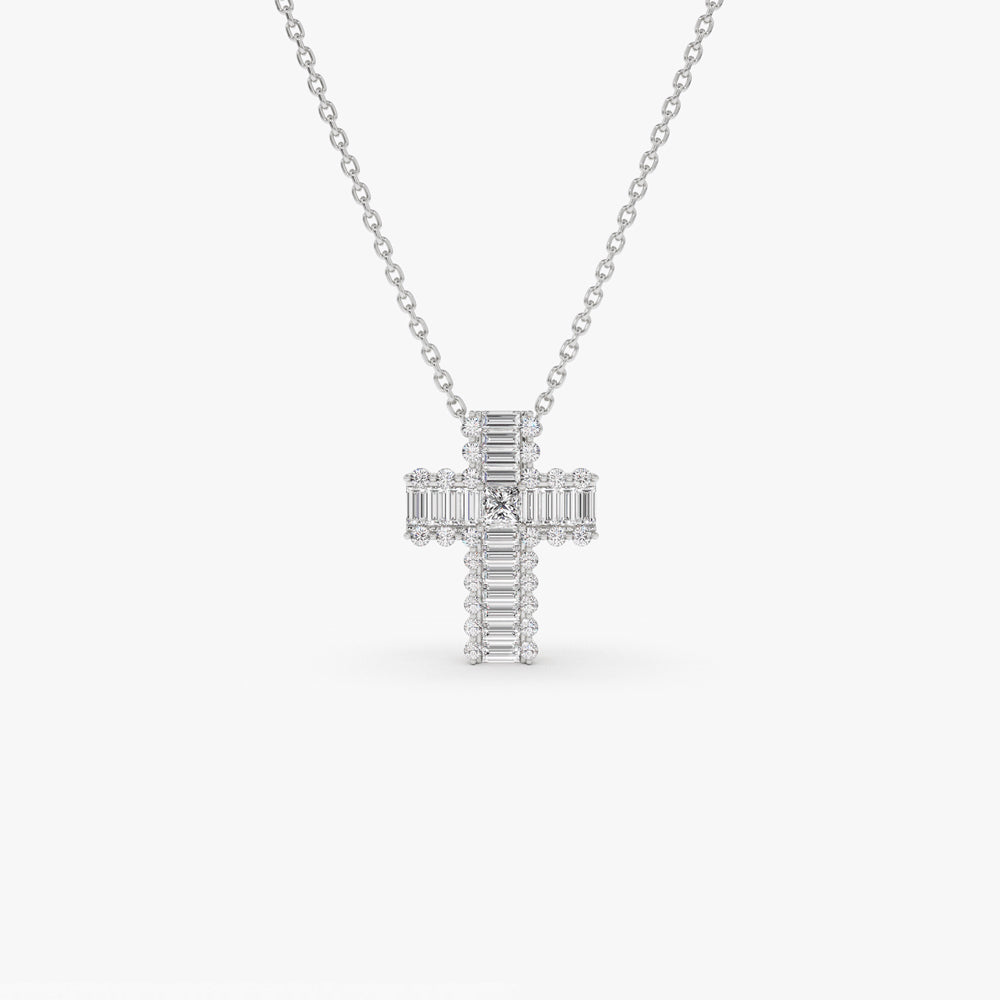 OBFJ2275 - Unique Cross with Baguettes and Round Diamonds necklace in selectable metal and diamond options - Roselle Jewelry view 7