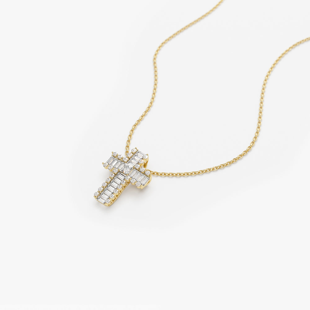 OBFJ2275 - Unique Cross with Baguettes and Round Diamonds necklace in selectable metal and diamond options - Roselle Jewelry view 8