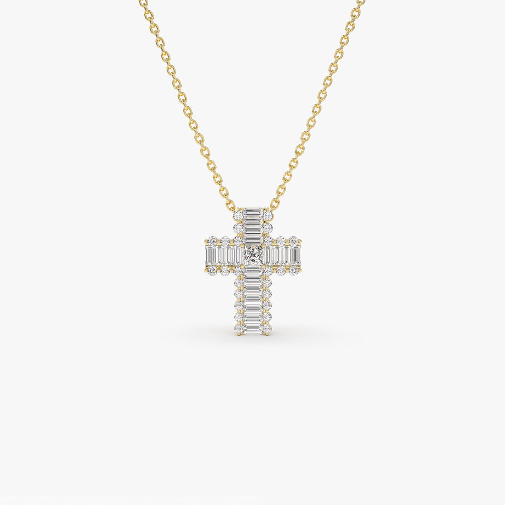 OBFJ2275 - Unique Cross with Baguettes and Round Diamonds necklace in selectable metal and diamond options - Roselle Jewelry view 1