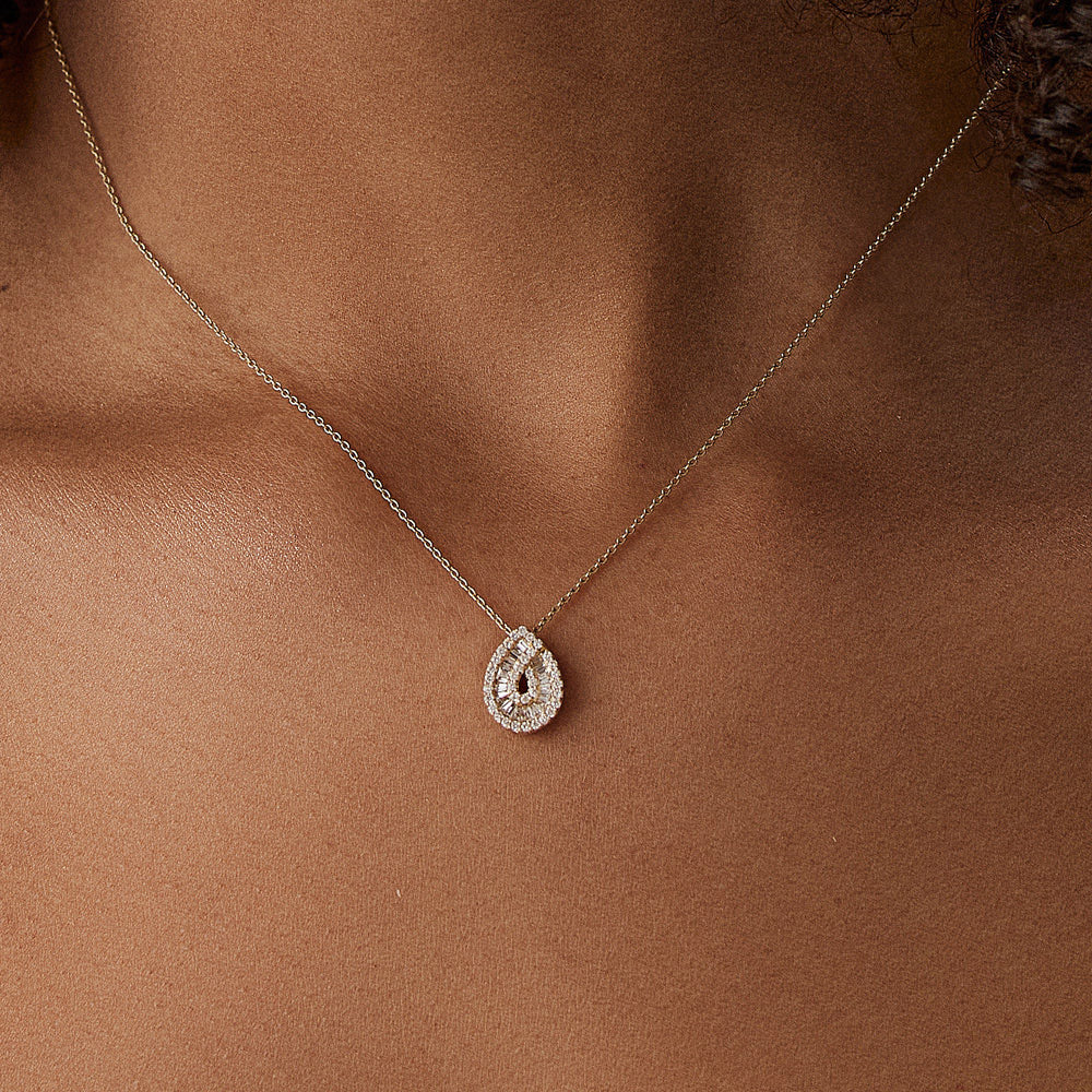 OBFJ1457 - 14k Teardrop Shape Baguette and Round Diamond Statement Necklace 3