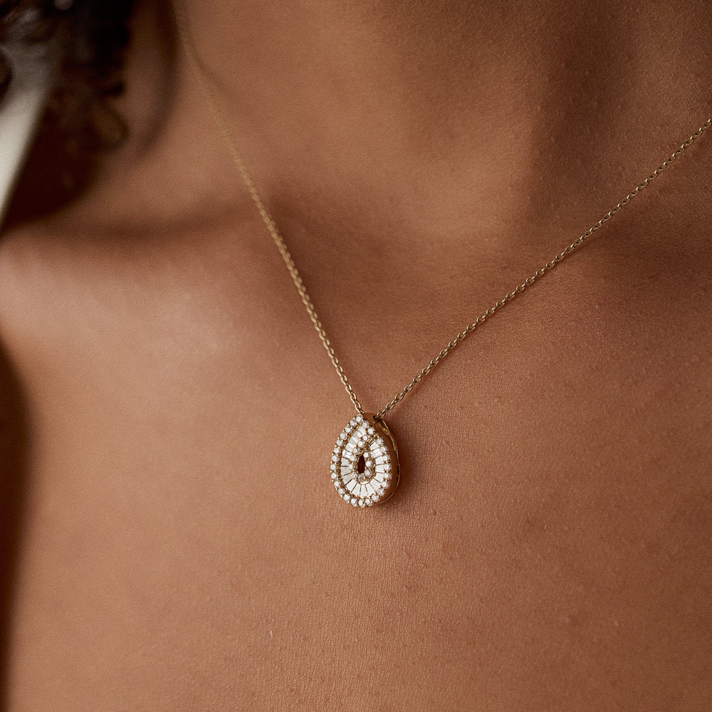 OBFJ1457 - 14k Teardrop Shape Baguette and Round Diamond Statement Necklace 2