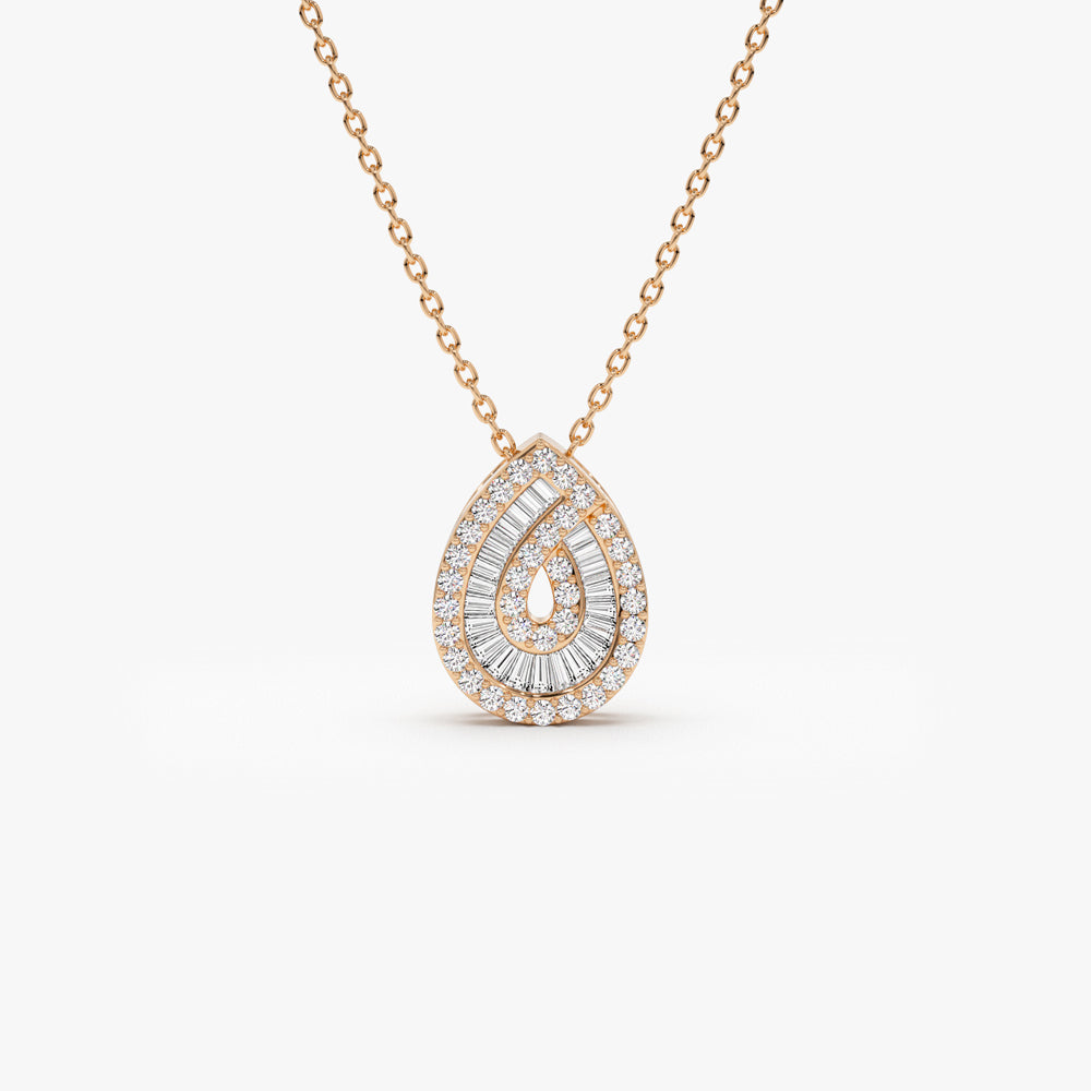 OBFJ1457 - 14k Teardrop Shape Baguette and Round Diamond Statement Necklace 5