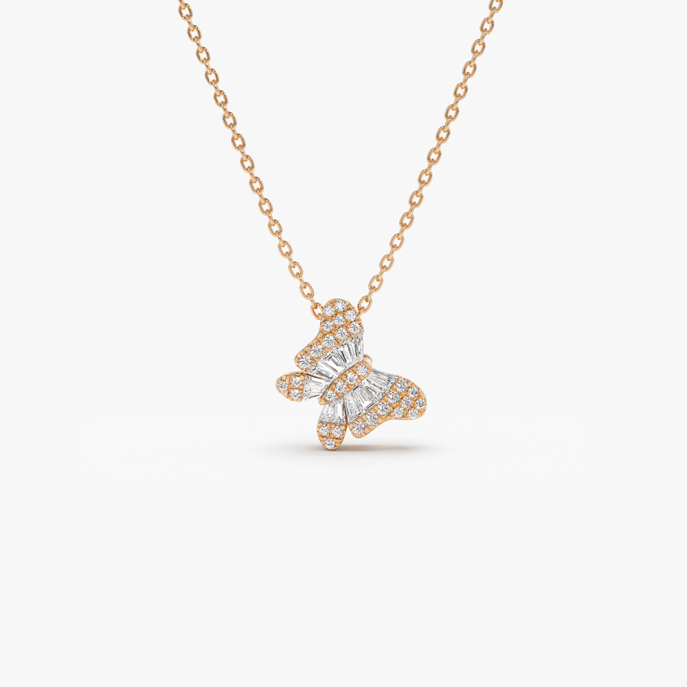 OBFJ1460 - 14k Baguette Diamond Butterfly Necklace 5