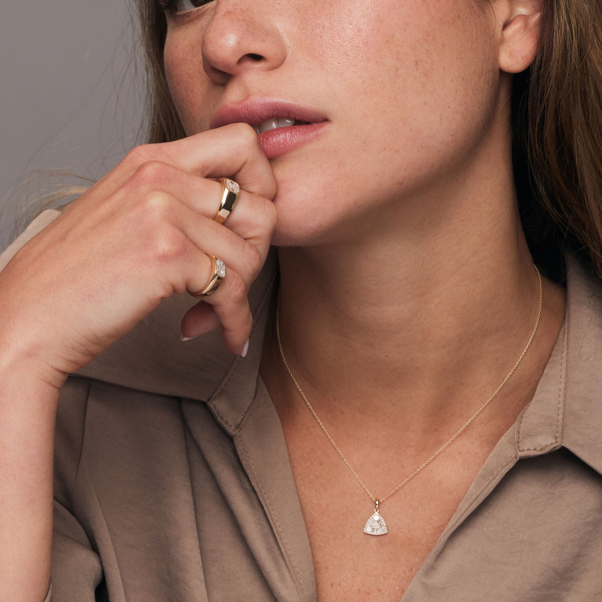 OBFJ1188 - 14K Triangle Baguette Diamond Cluster Necklace 4