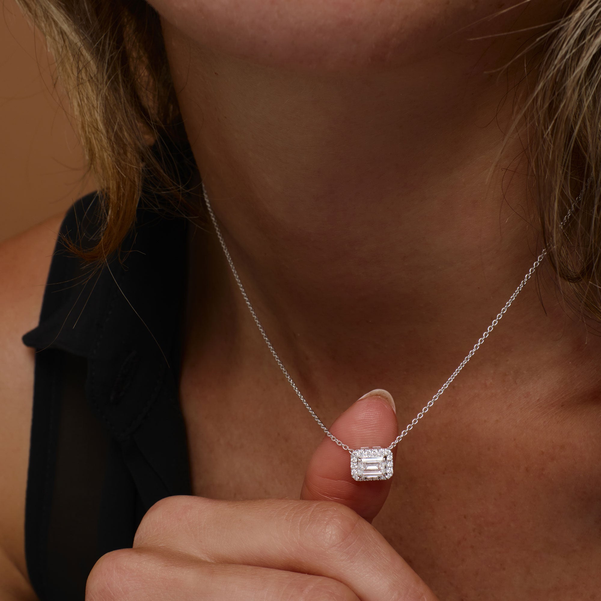 OBFJ1364 - 0.90 ctw 14K Halo Setting Emerald Cut Lab Grown Diamond Necklace - Taylor 4