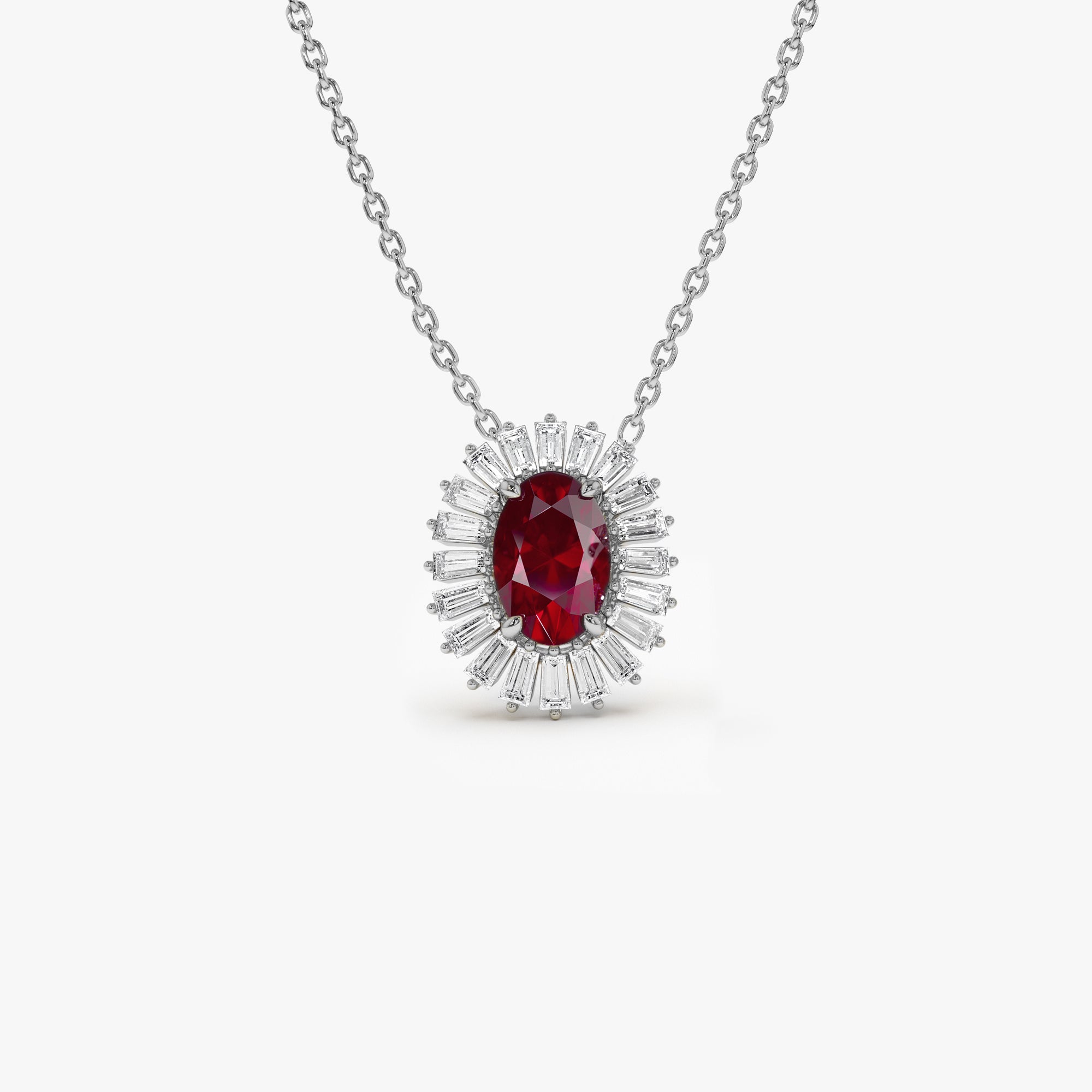 OBFJ1183 - 14k Oval Shape Ruby with Baguette Halo Setting Necklace 6