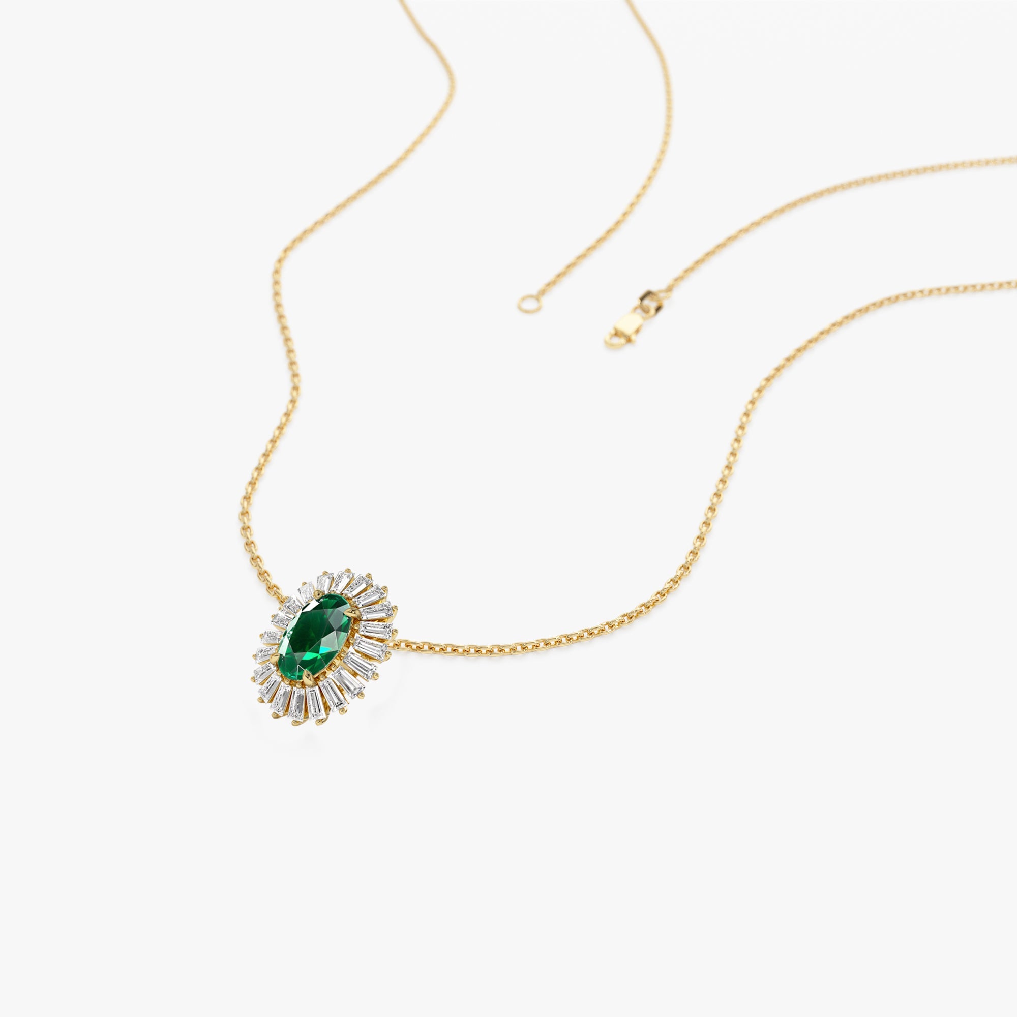 OBFJ1206 - 14k Oval Shape Emerald with Baguette Halo Setting Necklace 7