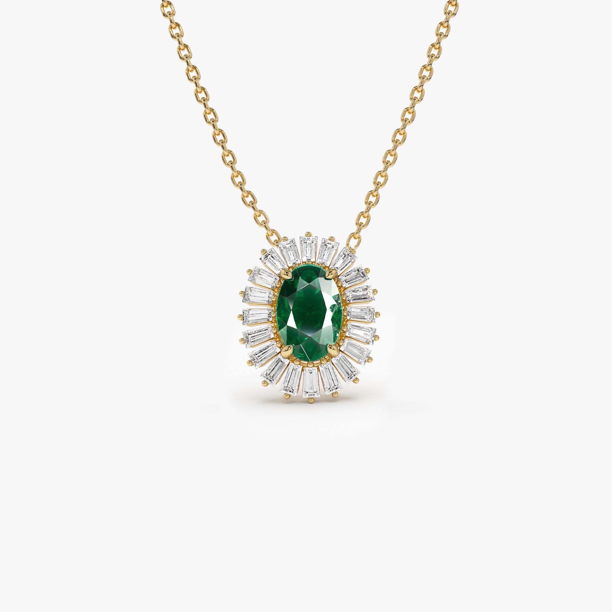 OBFJ1206 - 14k Oval Shape Emerald with Baguette Halo Setting Necklace 1