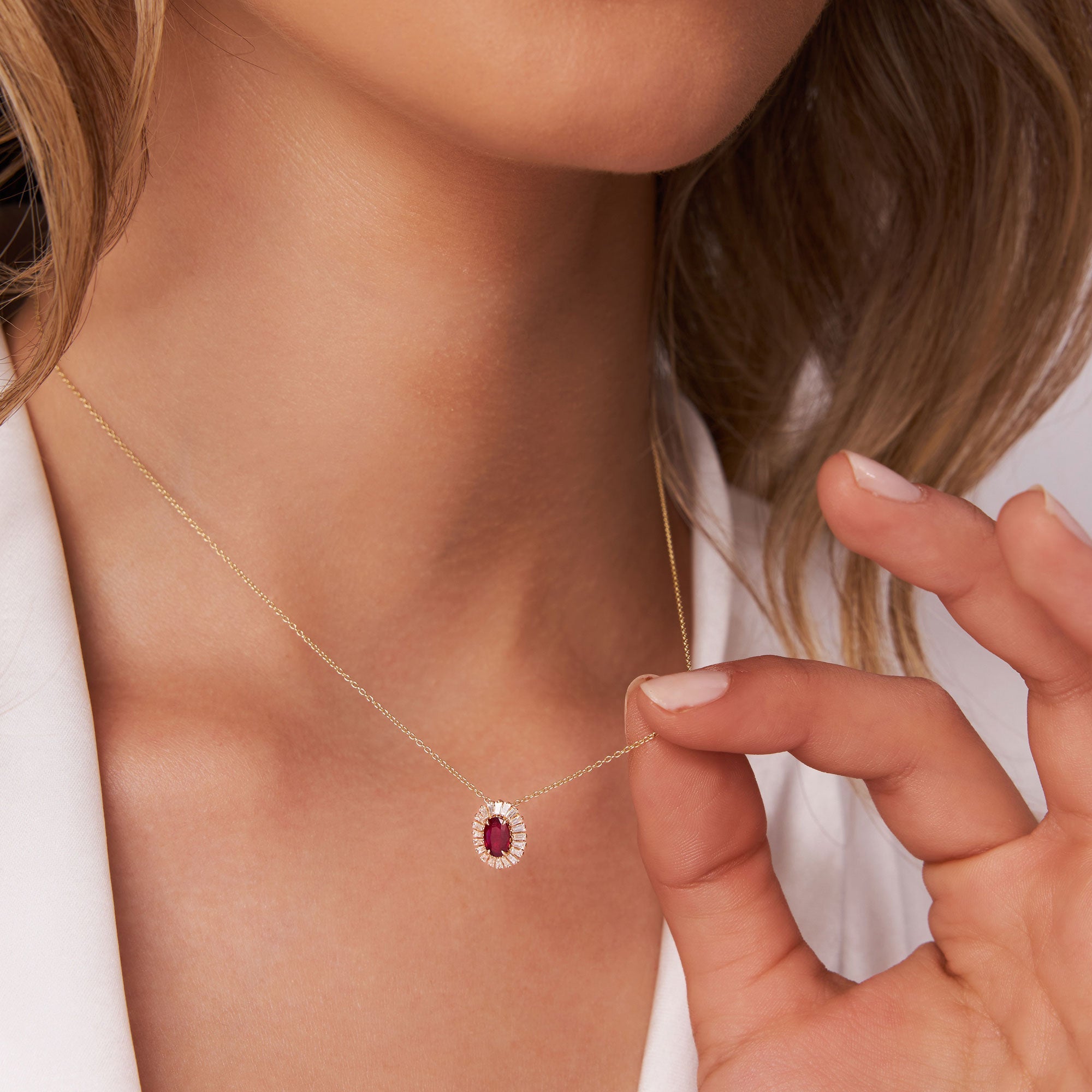 OBFJ1183 - 14k Oval Shape Ruby with Baguette Halo Setting Necklace 2