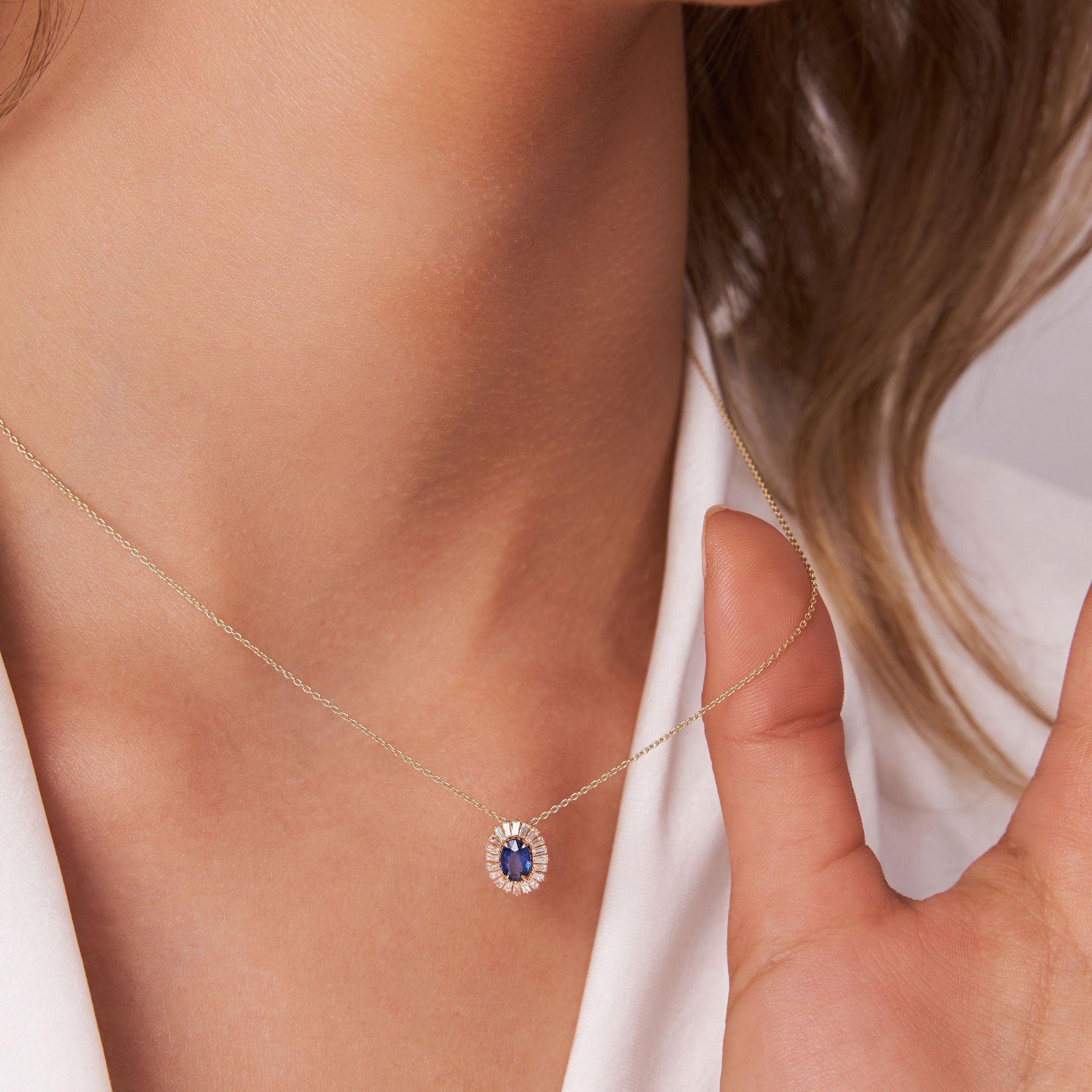 OBFJ1182 - 14k Oval Shape Sapphire with Baguette Halo Setting Necklace 2