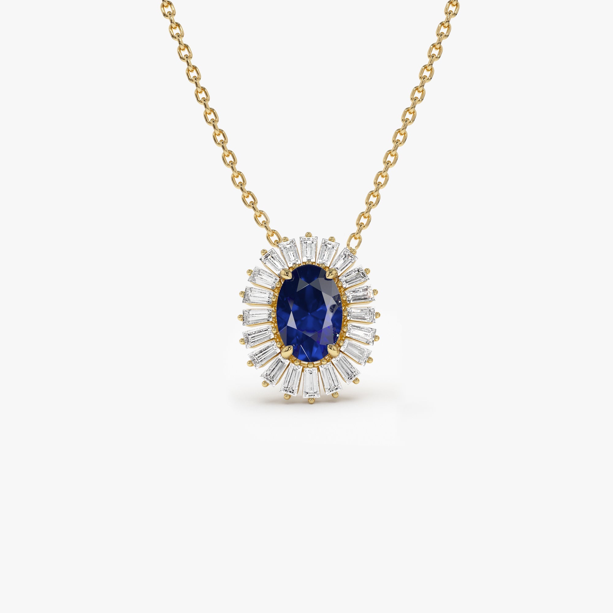 OBFJ1182 - 14k Oval Shape Sapphire with Baguette Halo Setting Necklace 1