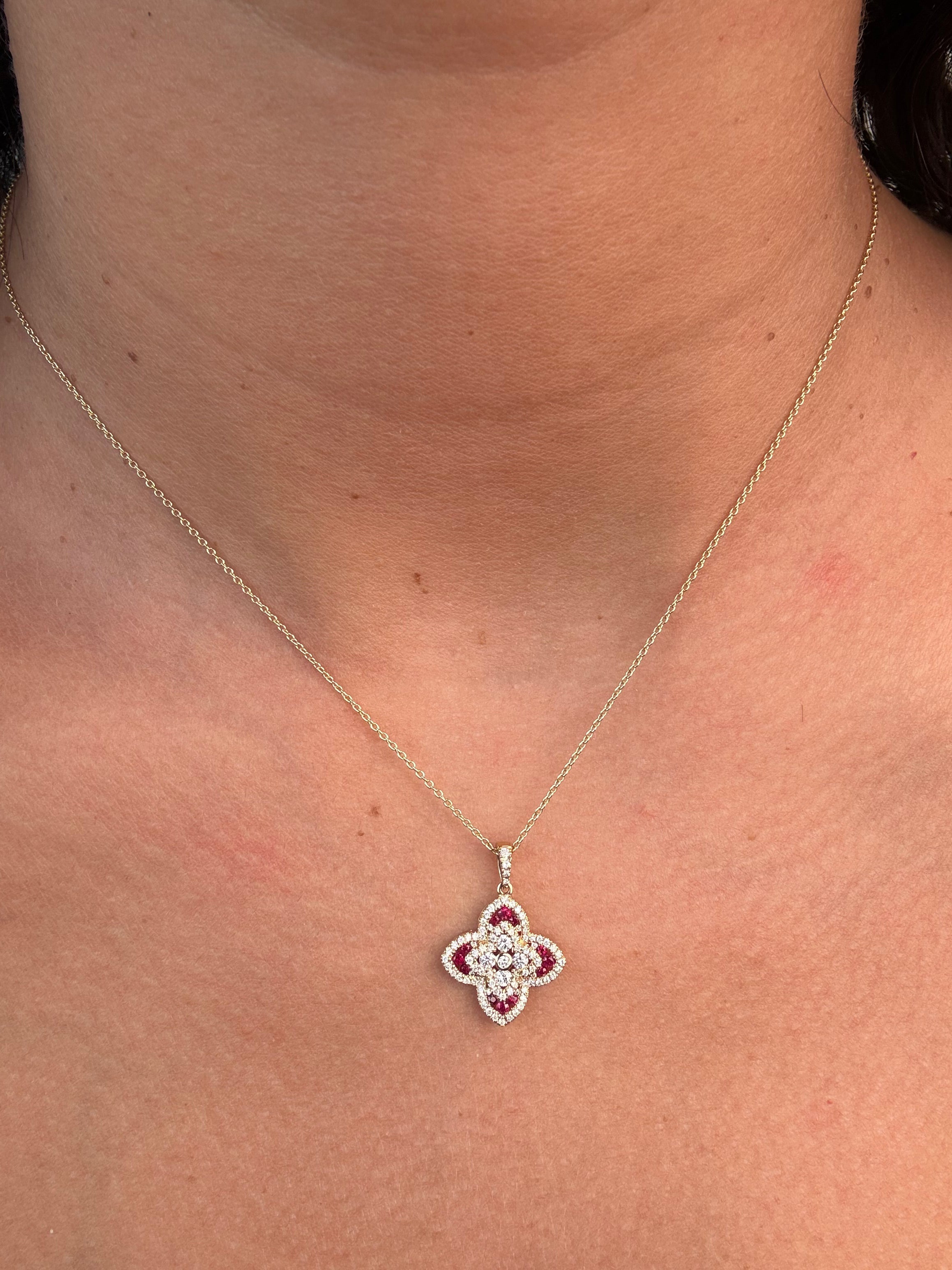 OBFJ0059 - 14k Gold Diamond and Ruby Flower Charm 2