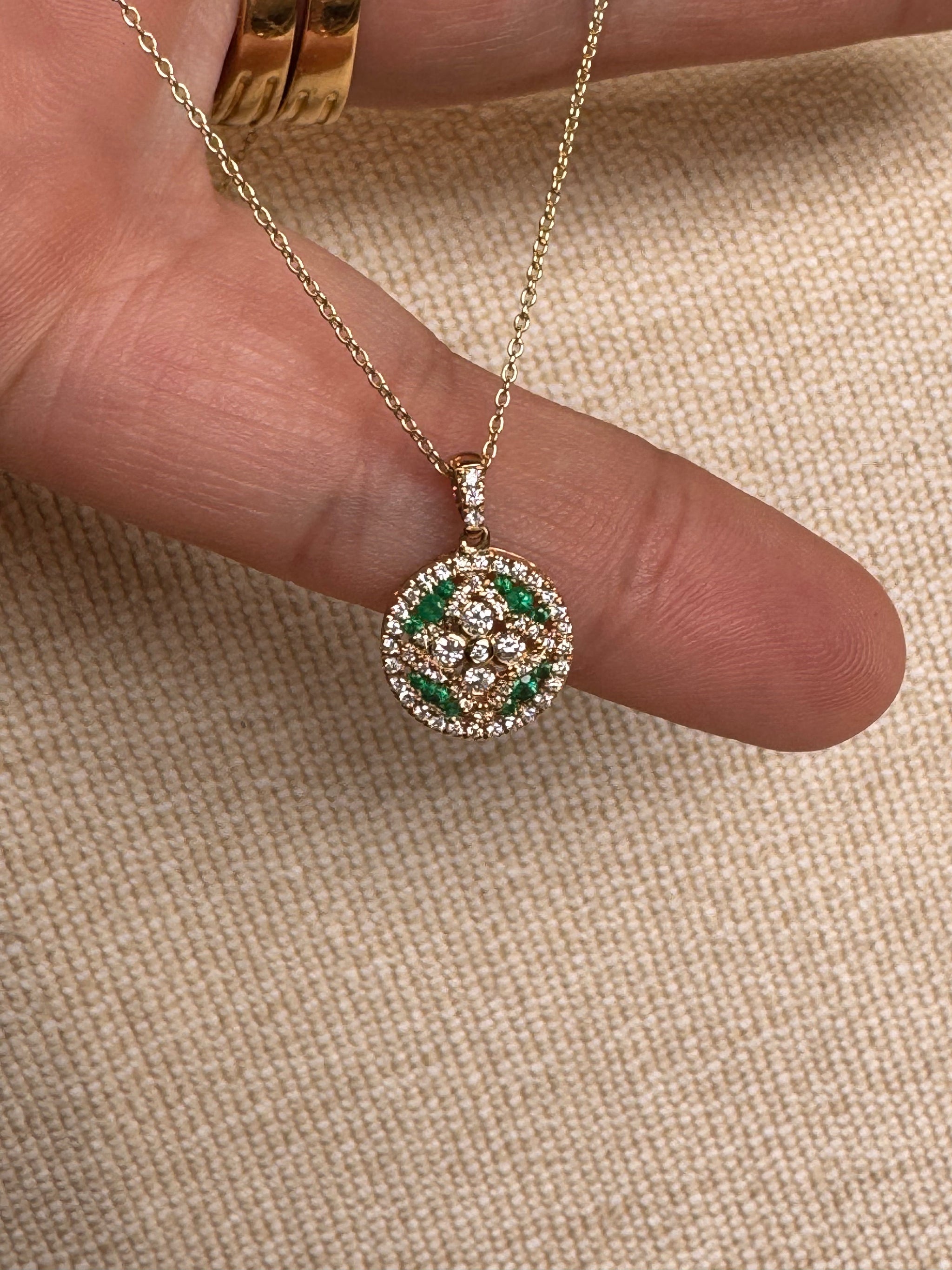 OBFJ0058 - 14k Gold Emerald and Diamond Floral Design Necklace 2