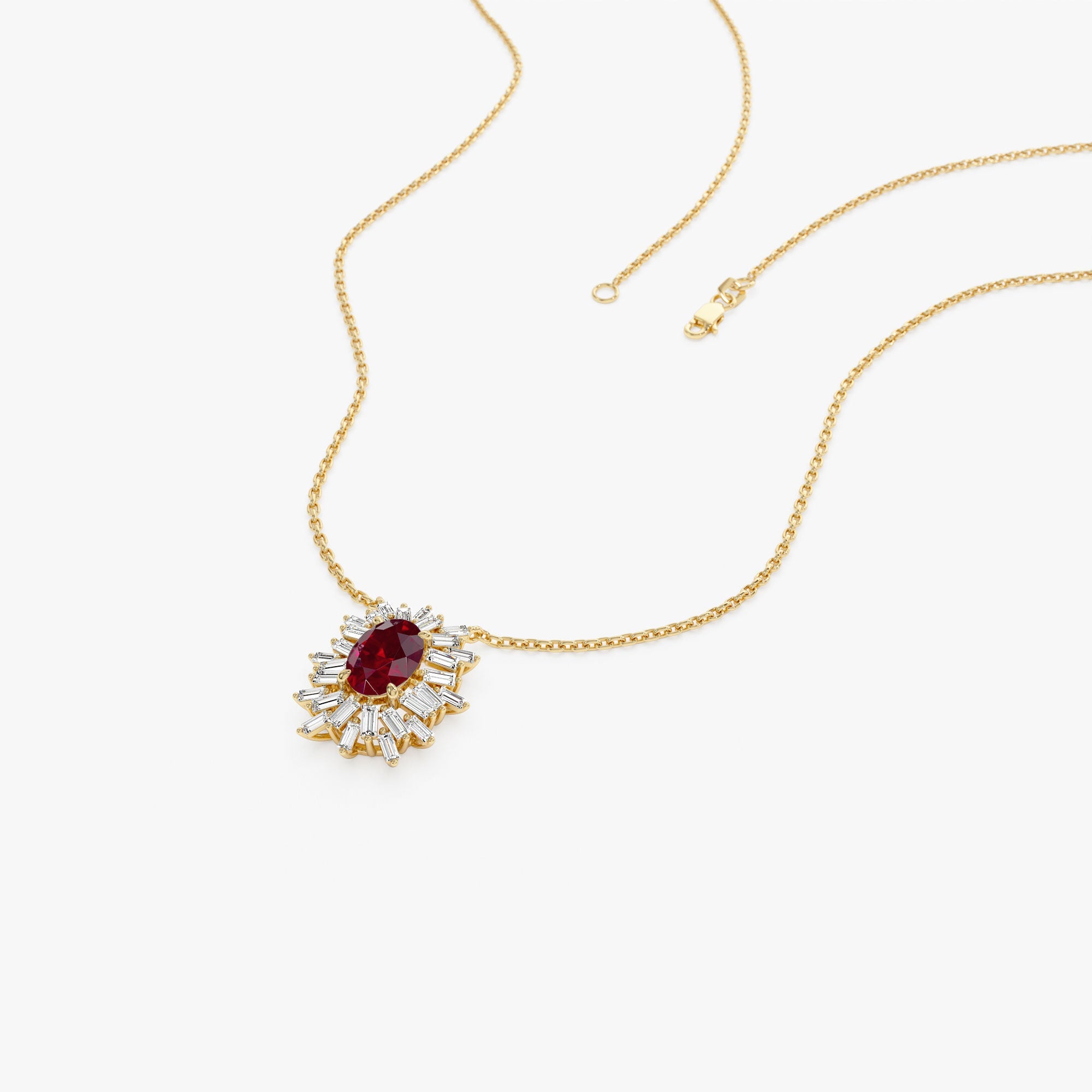 OBFJ1216 - 14k Oval Shape Ruby Necklace with Ballerina Baguettes 7