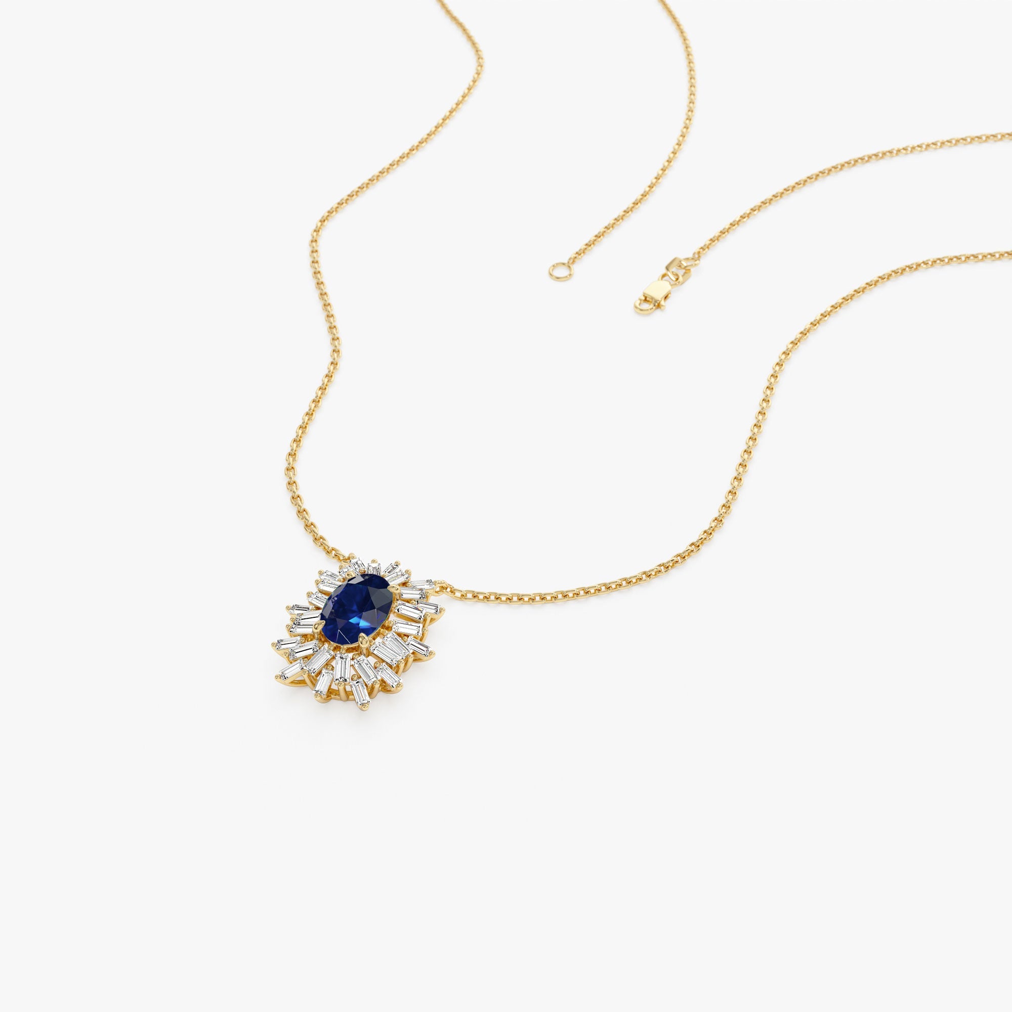 OBFJ1184 - 14k Oval Shape Sapphire Necklace with Ballerina Baguettes 7