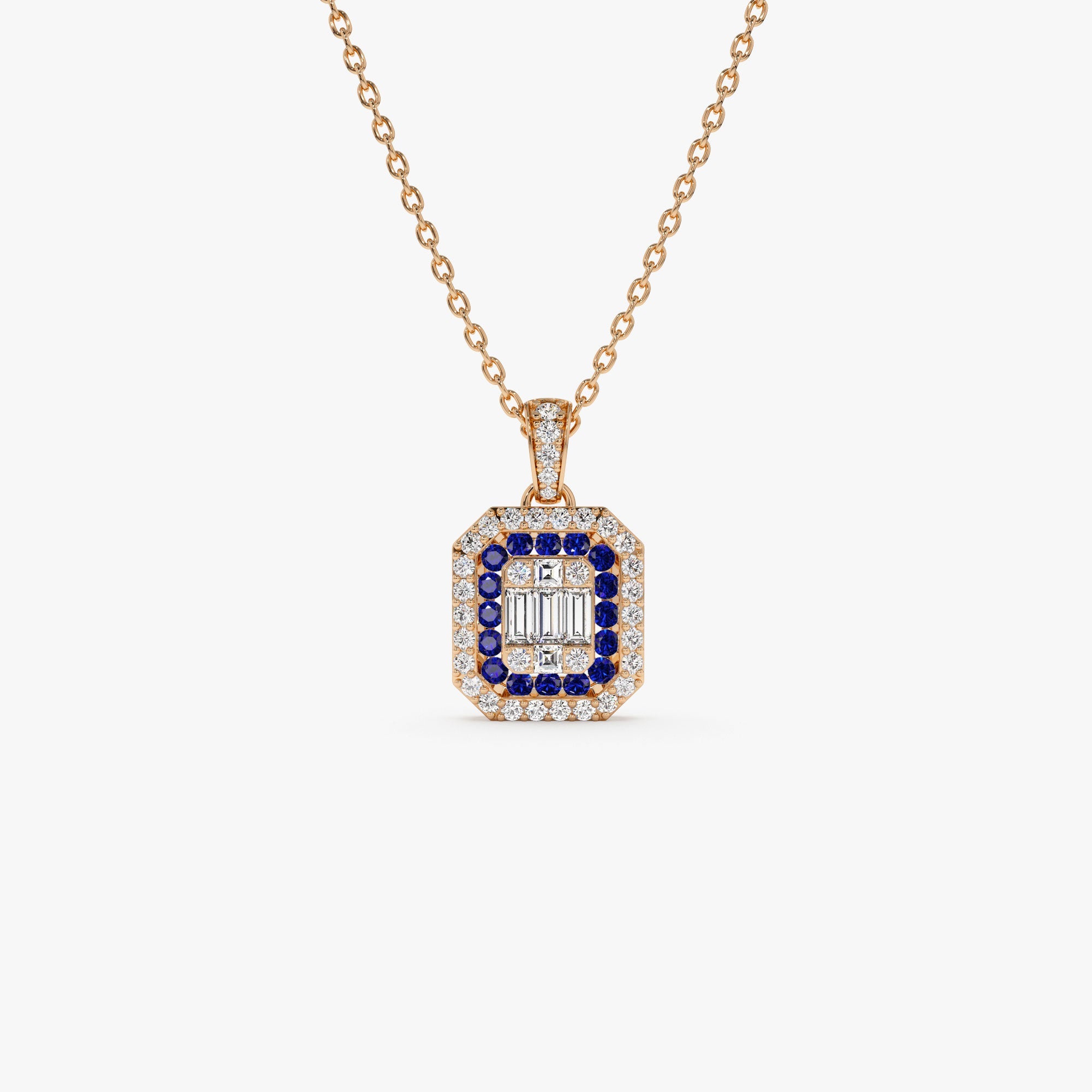 OBFJ1102 - 14k Baguette and Round Sapphire Necklace with Halo Setting 5
