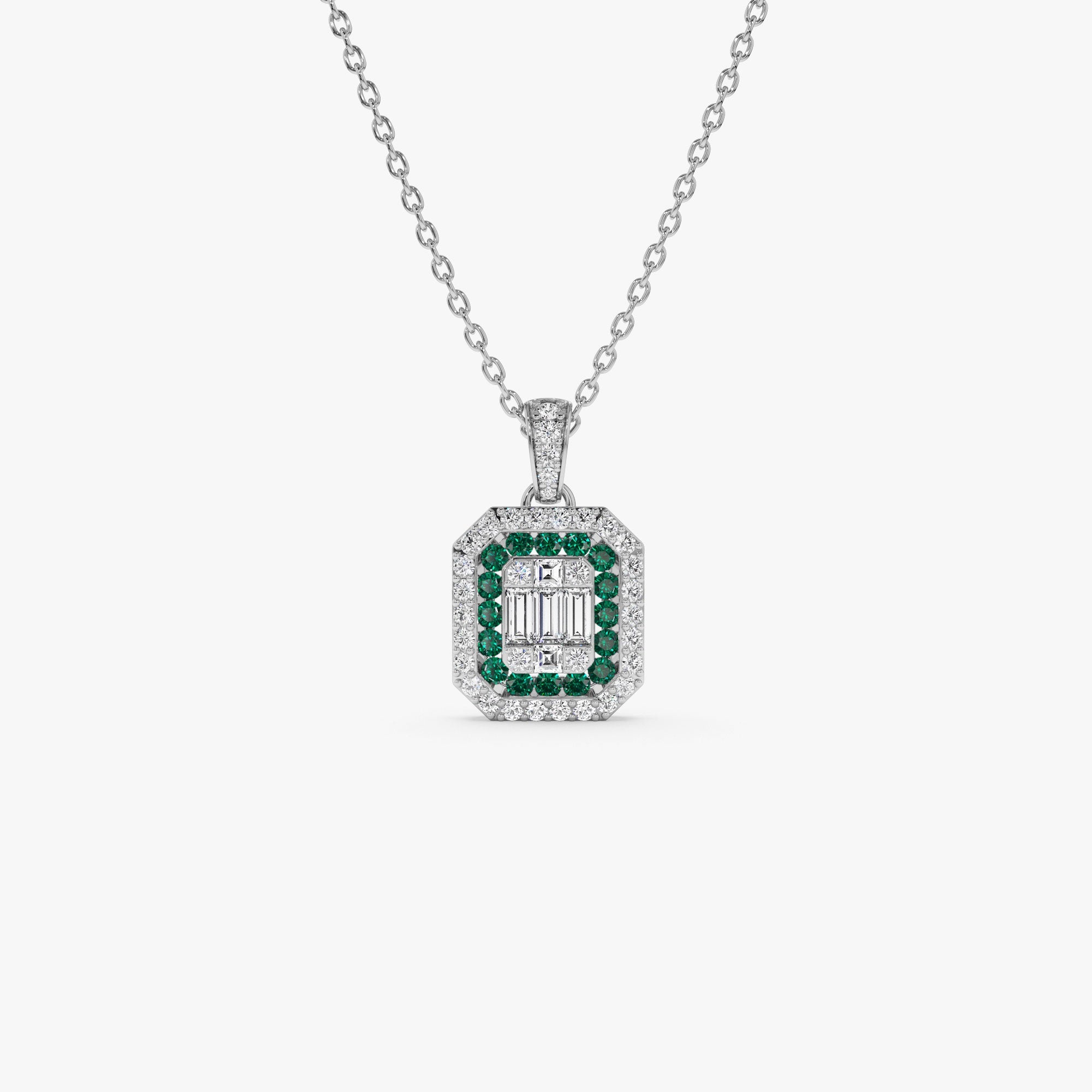 OBFJ1104 - 14k Baguette and Round Emerald Necklace with Halo Setting 5