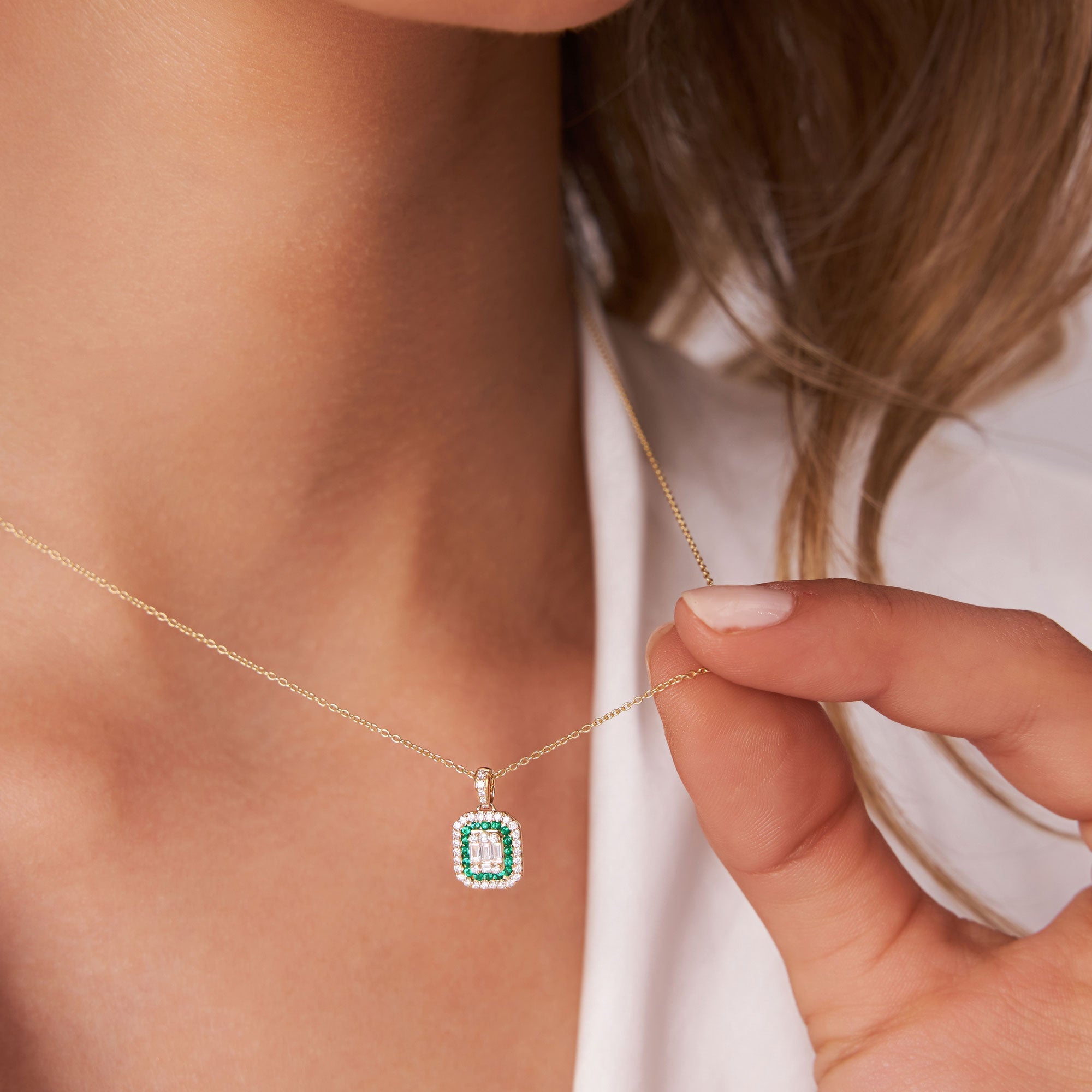 OBFJ1104 - 14k Baguette and Round Emerald Necklace with Halo Setting 2