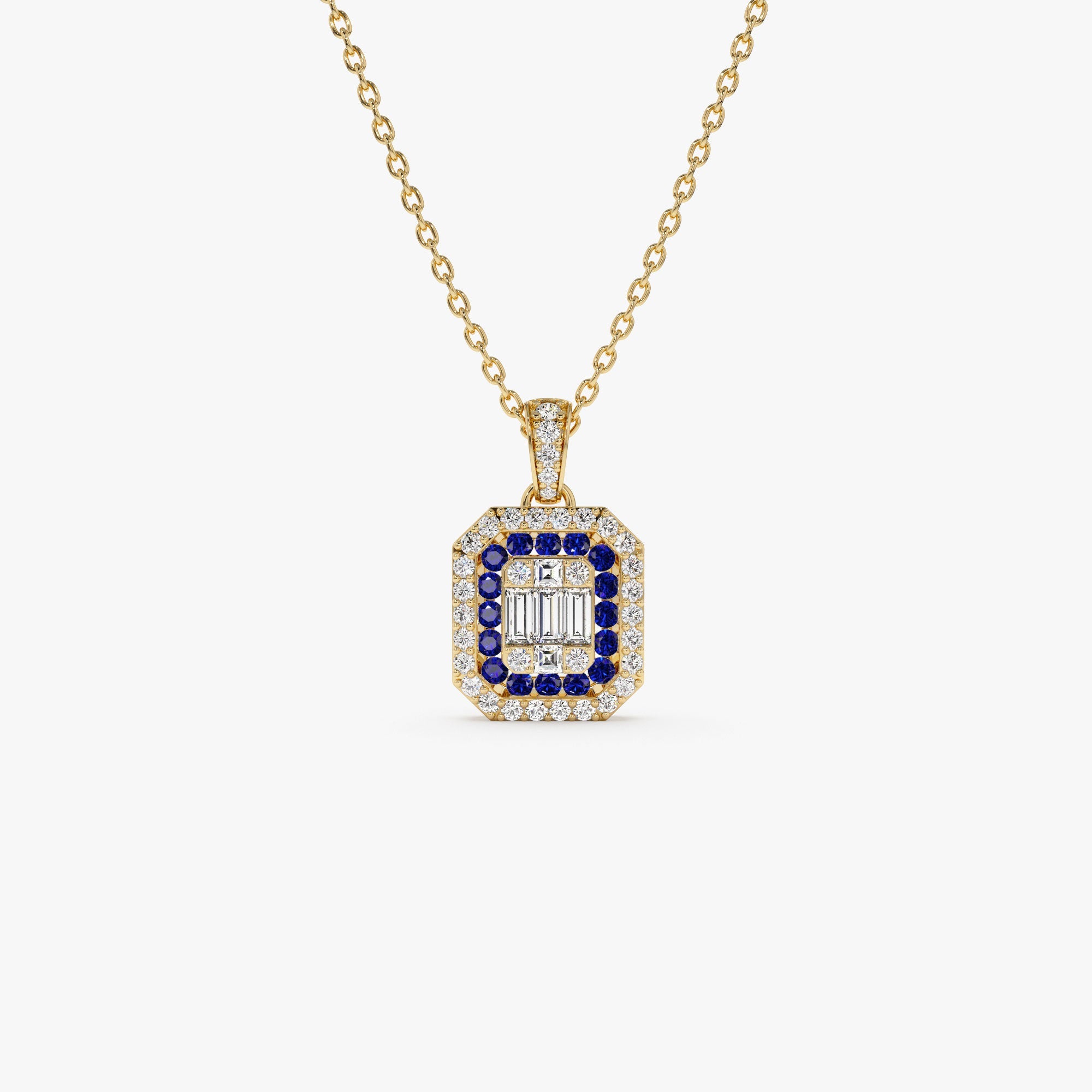 OBFJ1102 - 14k Baguette and Round Sapphire Necklace with Halo Setting 1