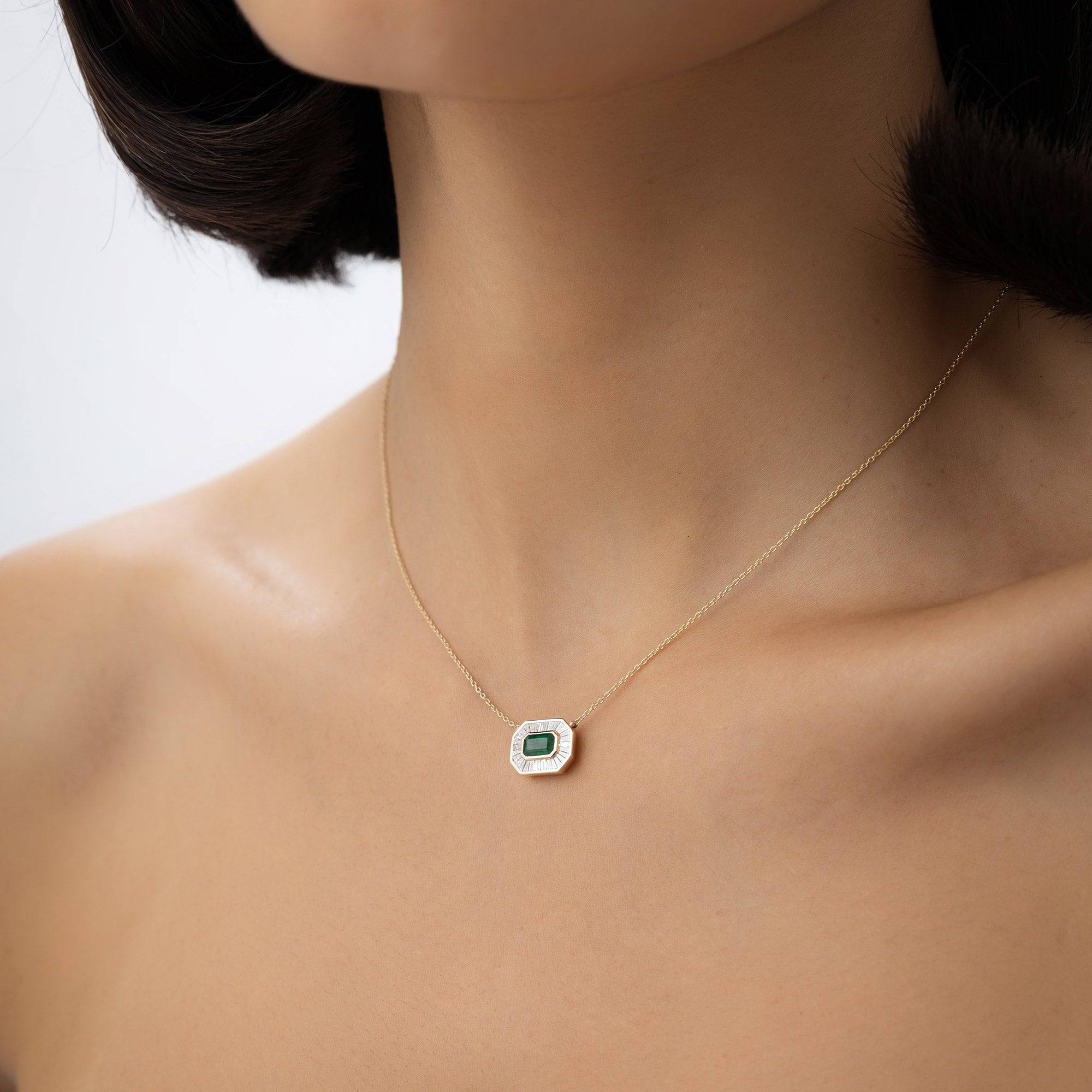OBFJ1022 - 14k Baguette Halo Emerald Necklace 3