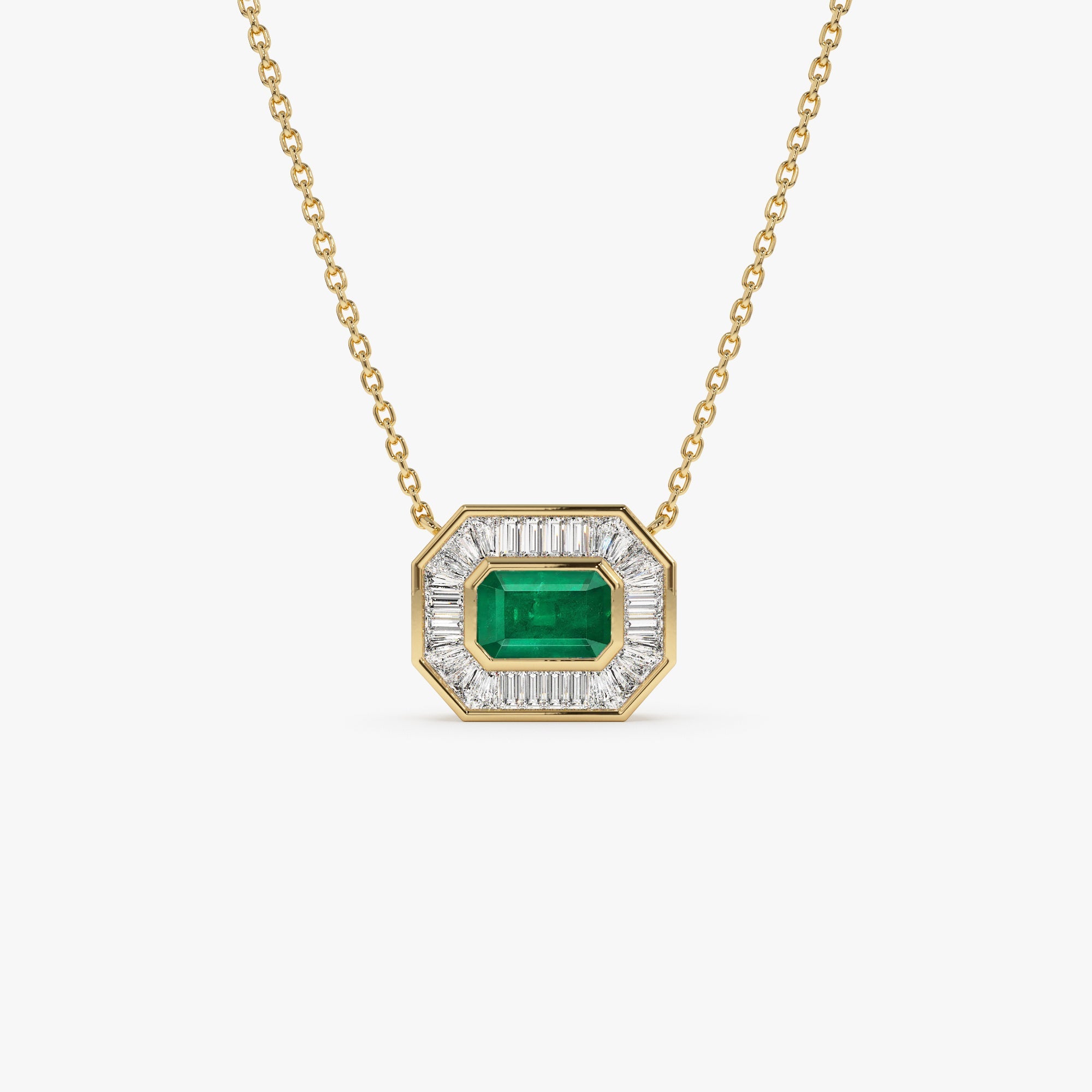 OBFJ1022 - 14k Baguette Halo Emerald Necklace 1