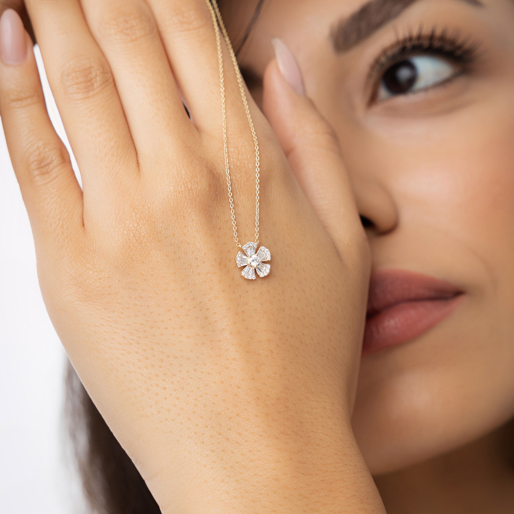 OBFJ1016 - 14k Baguette and Round Diamond Flower Necklace 7