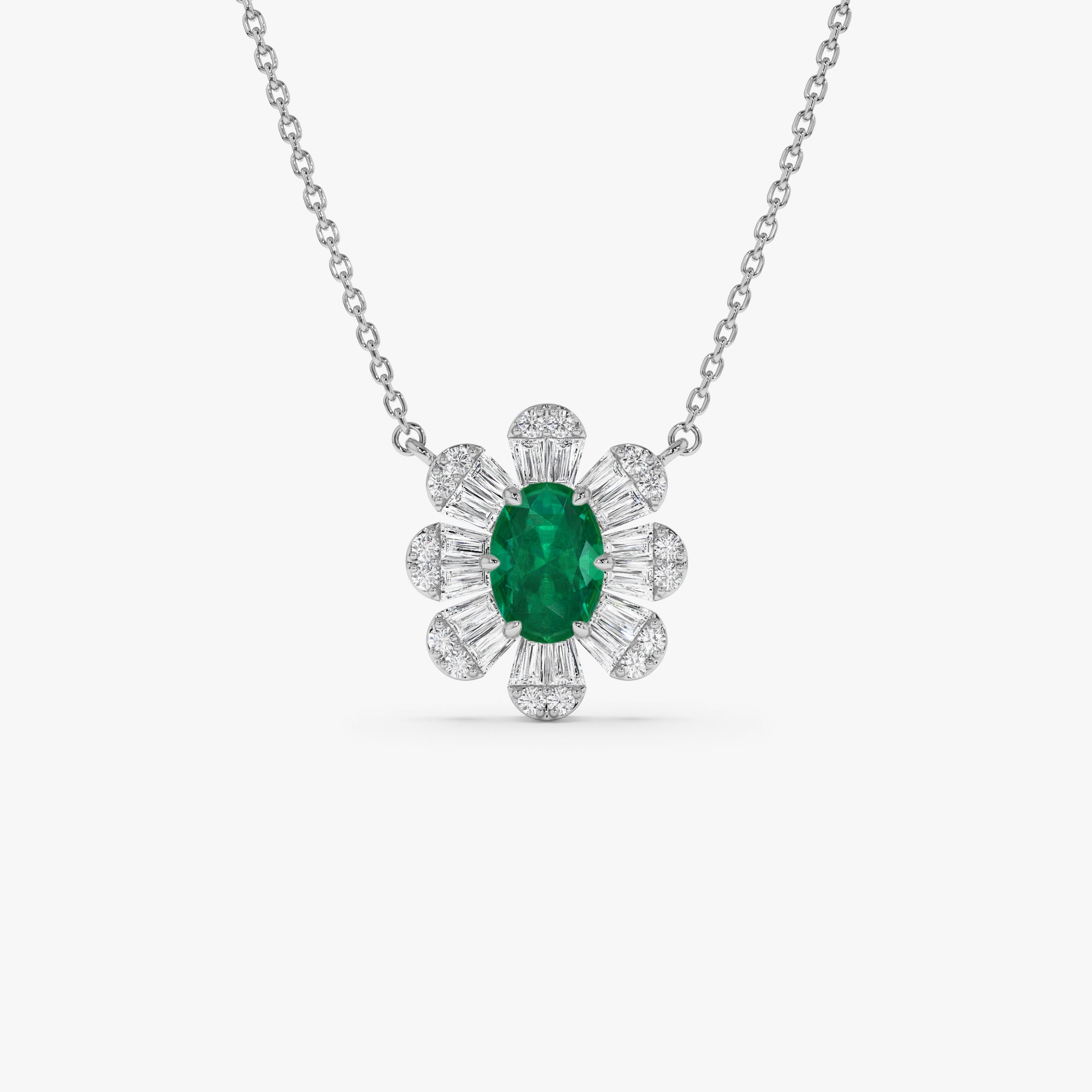 OBFJ0905 - 14k Oval Shape Emerald Necklace with Baguettes 5