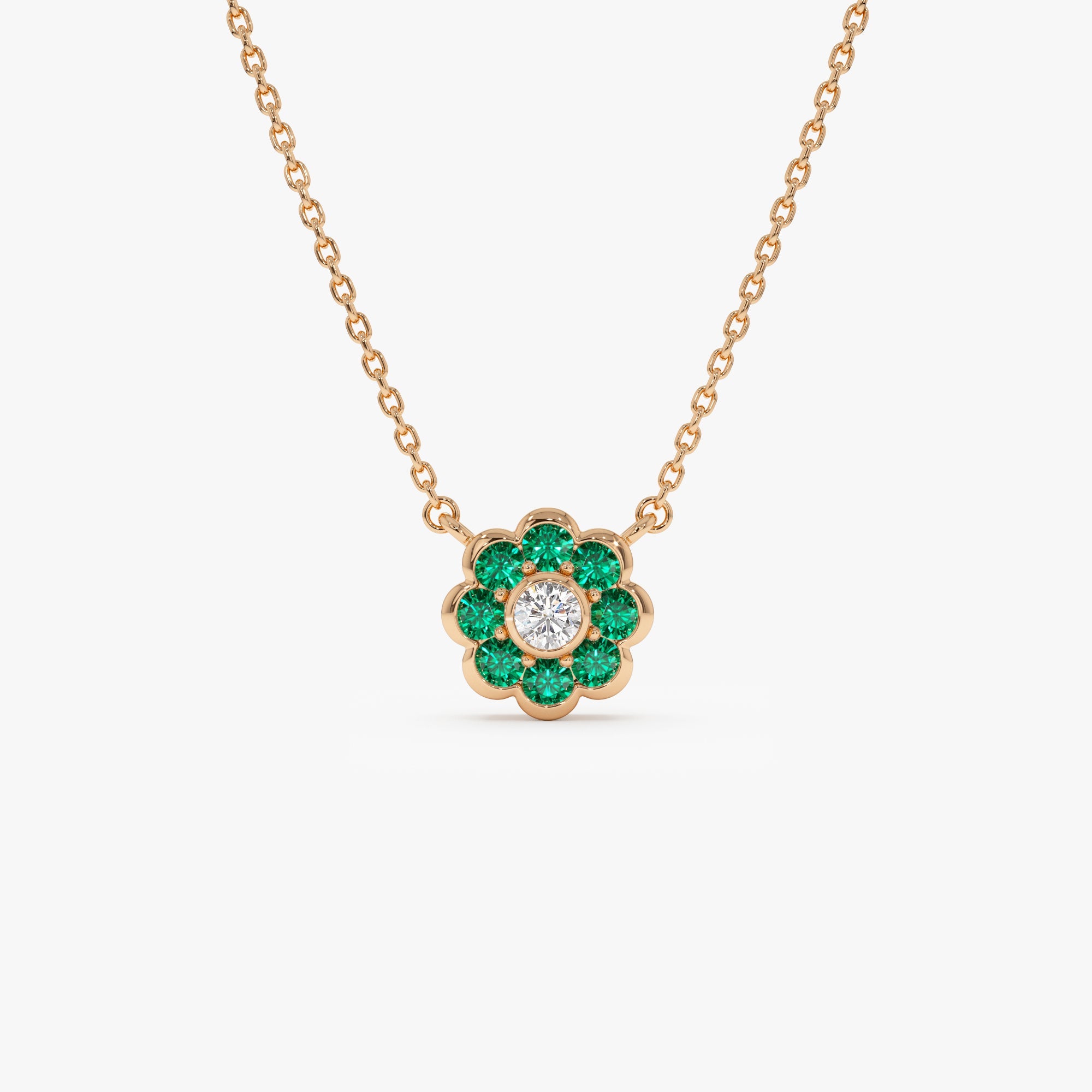 OBFJ0894 - 14K Bezel Setting Emerald Flower Diamond Necklace 6
