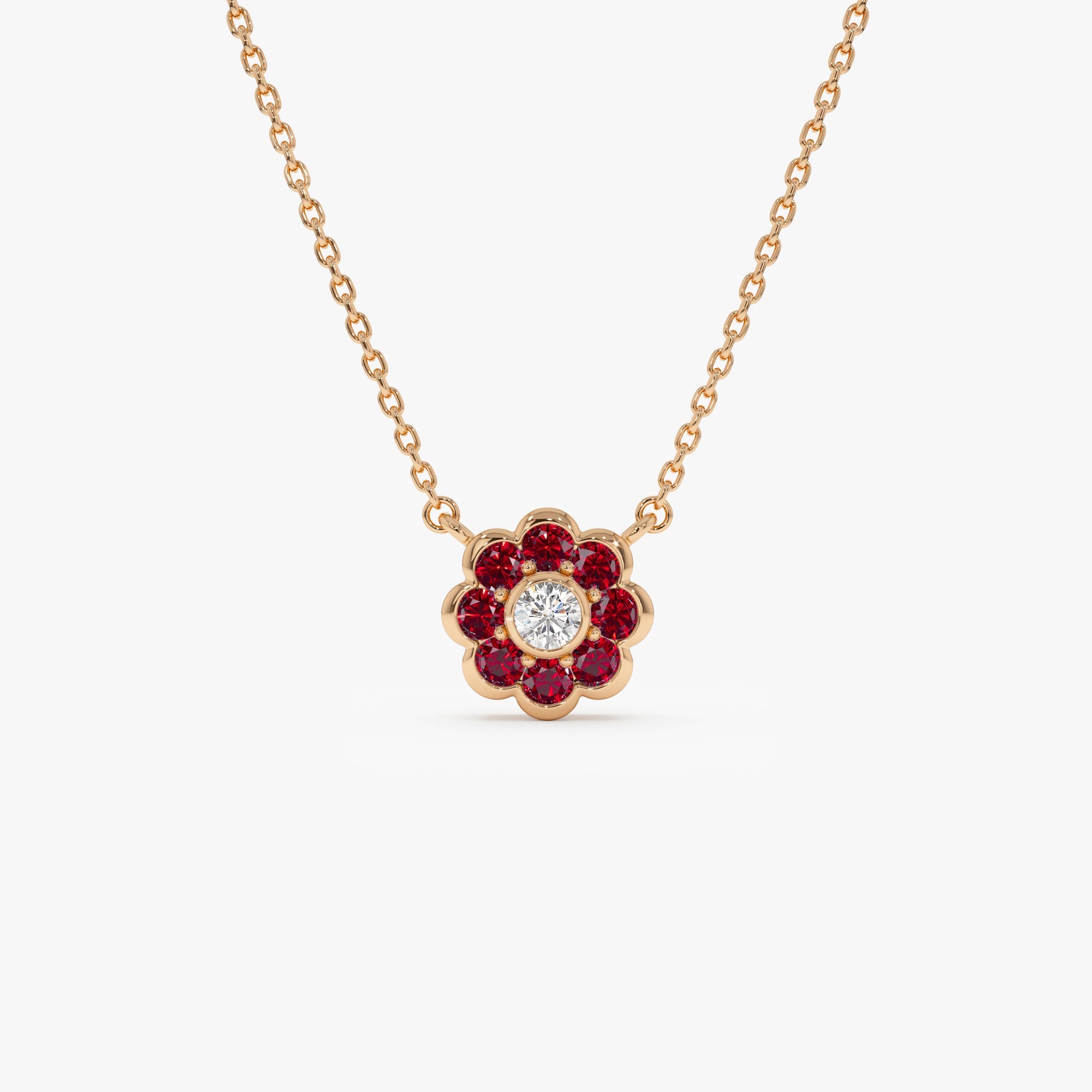 OBFJ0895 - 14K Bezel Setting Ruby Flower Diamond Necklace 9