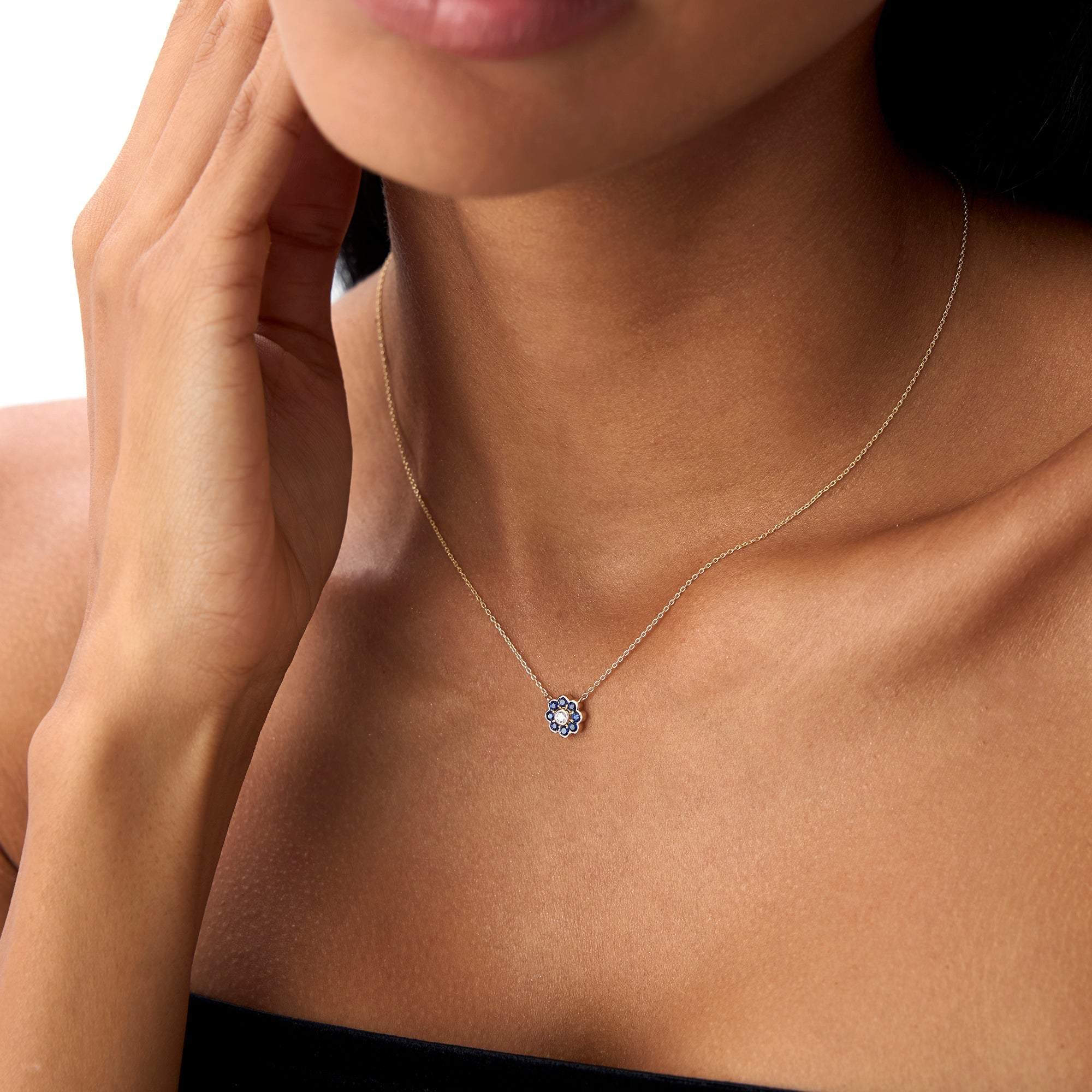 OBFJ0893 - 14K Bezel Setting Sapphire Flower Diamond Necklace 3