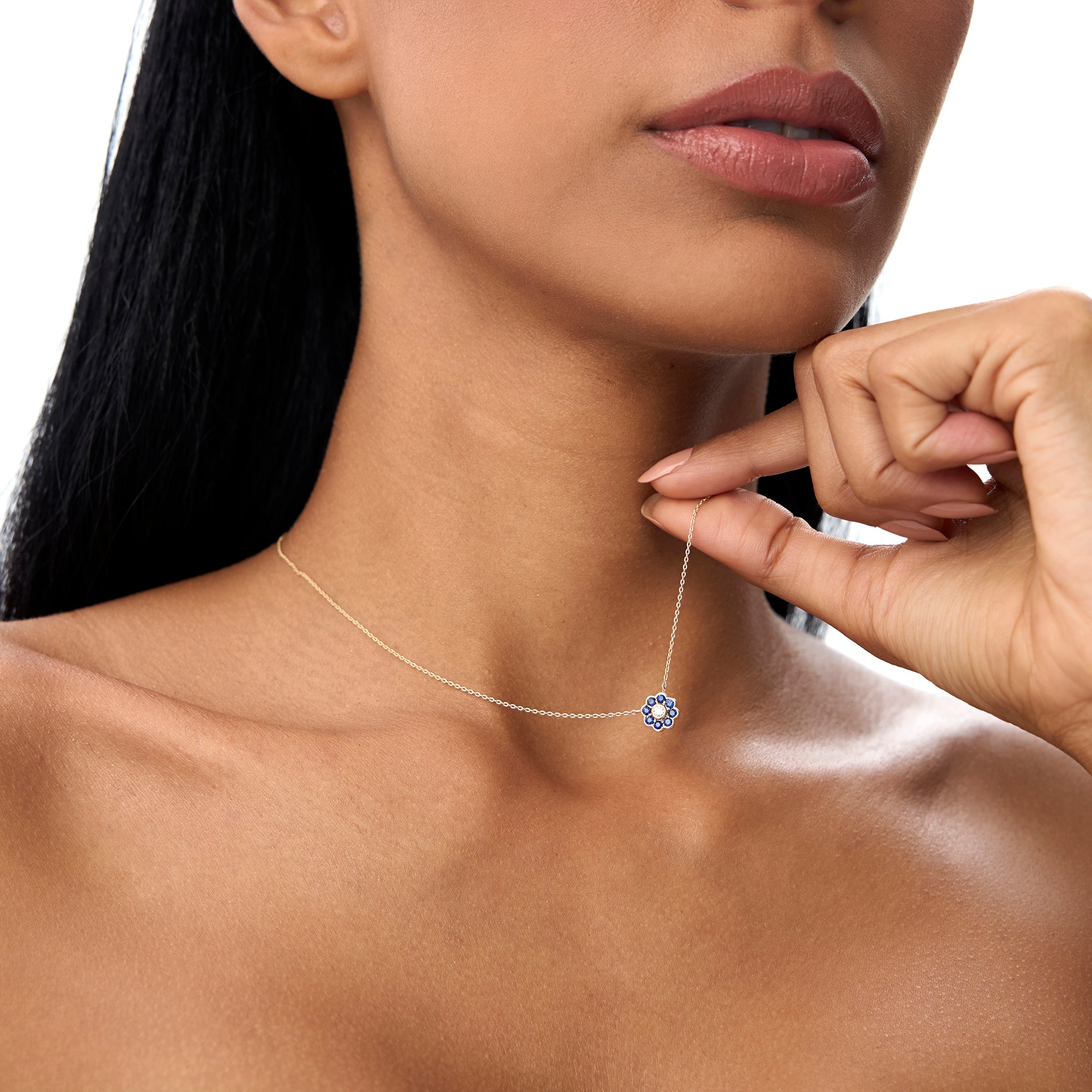 OBFJ0893 - 14K Bezel Setting Sapphire Flower Diamond Necklace 5