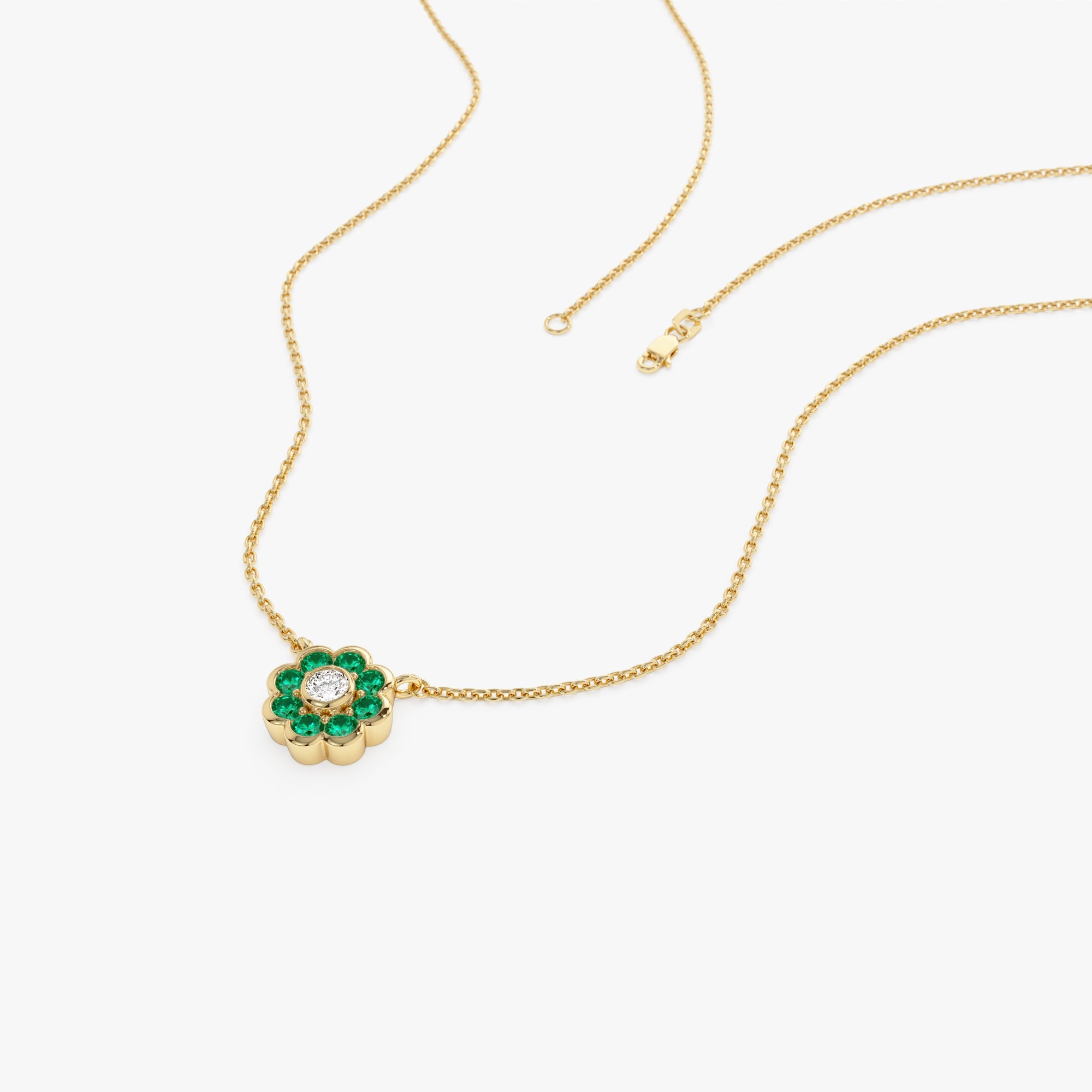 OBFJ0894 - 14K Bezel Setting Emerald Flower Diamond Necklace 8