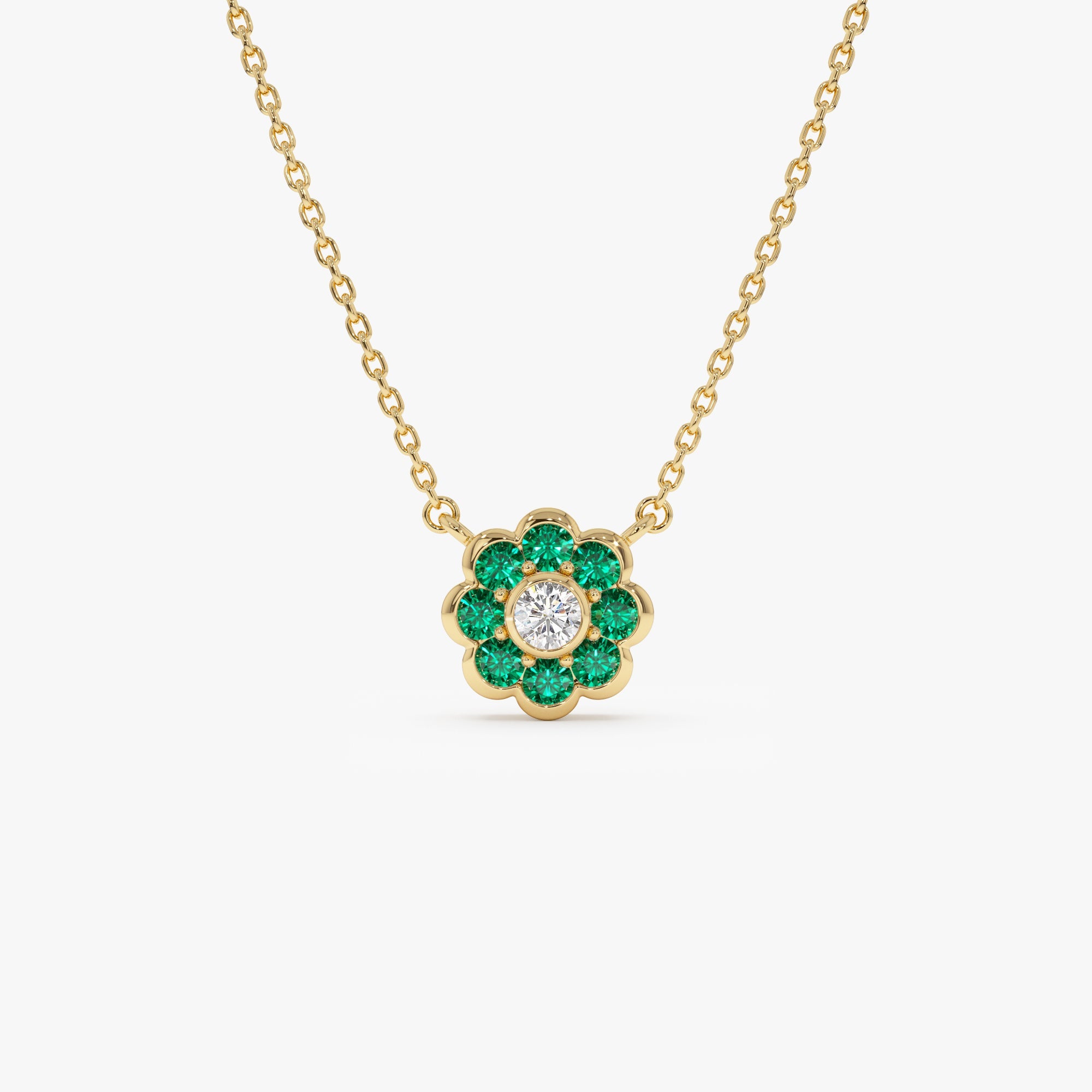 OBFJ0894 - 14K Bezel Setting Emerald Flower Diamond Necklace 1