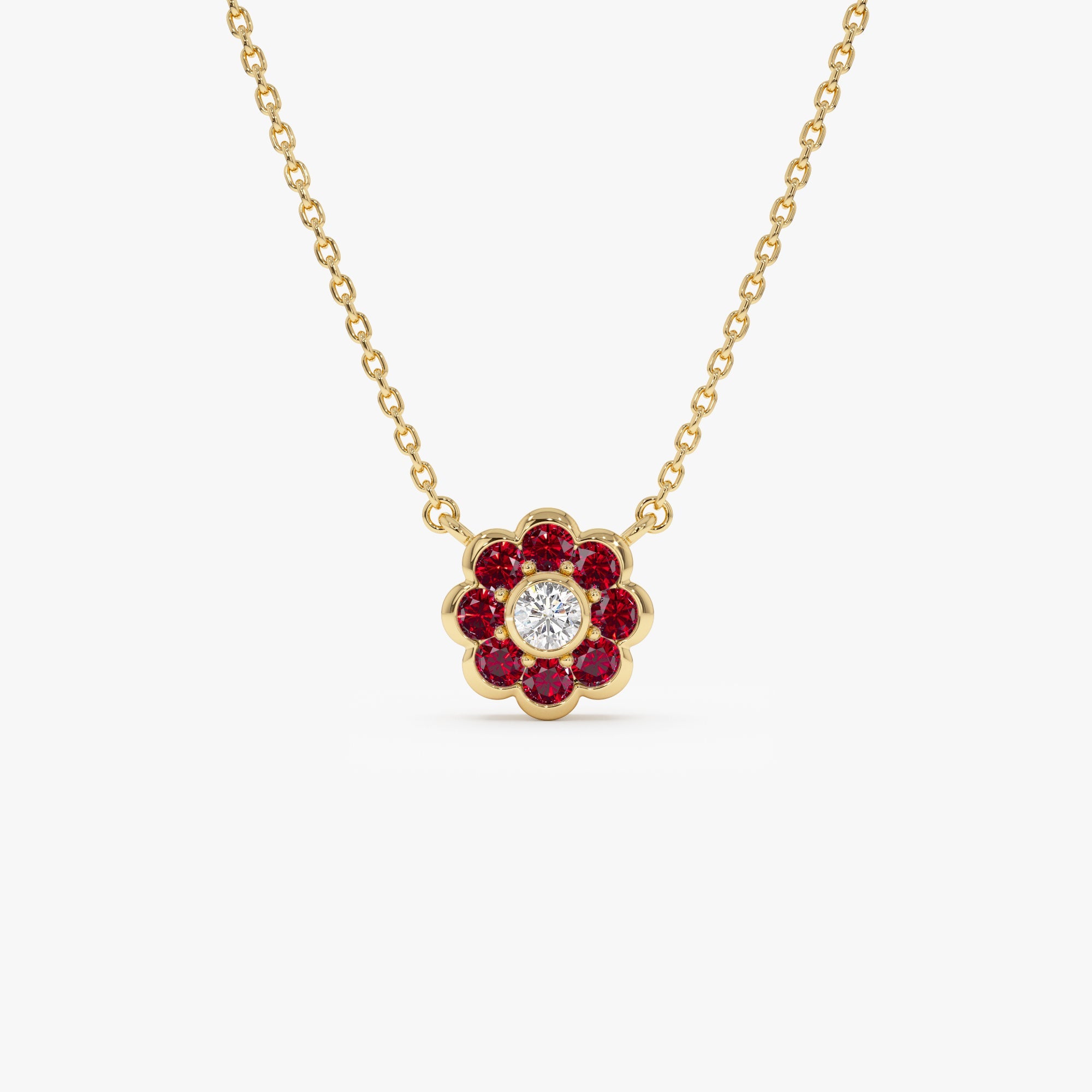 OBFJ0895 - 14K Bezel Setting Ruby Flower Diamond Necklace 1
