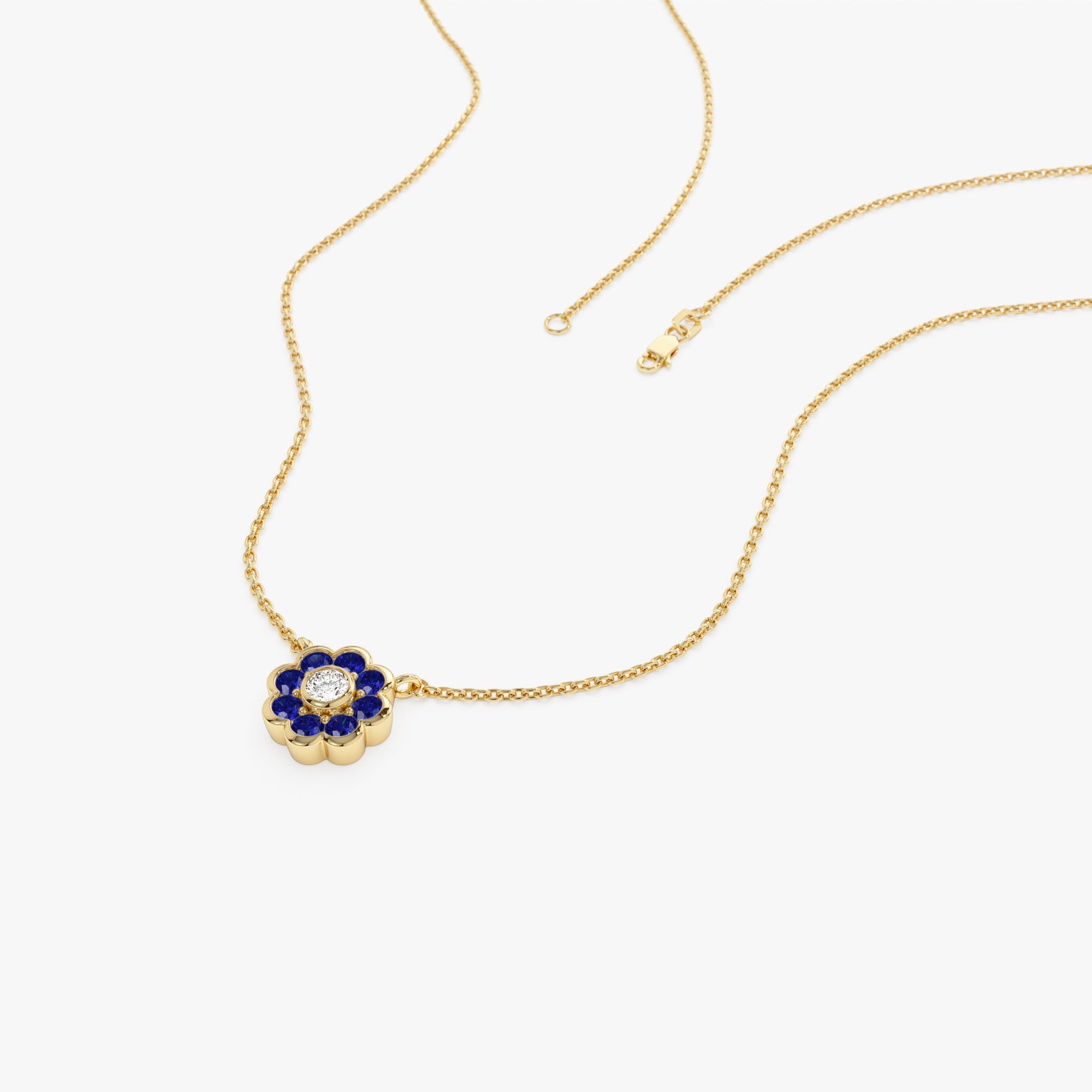OBFJ0893 - 14K Bezel Setting Sapphire Flower Diamond Necklace 8