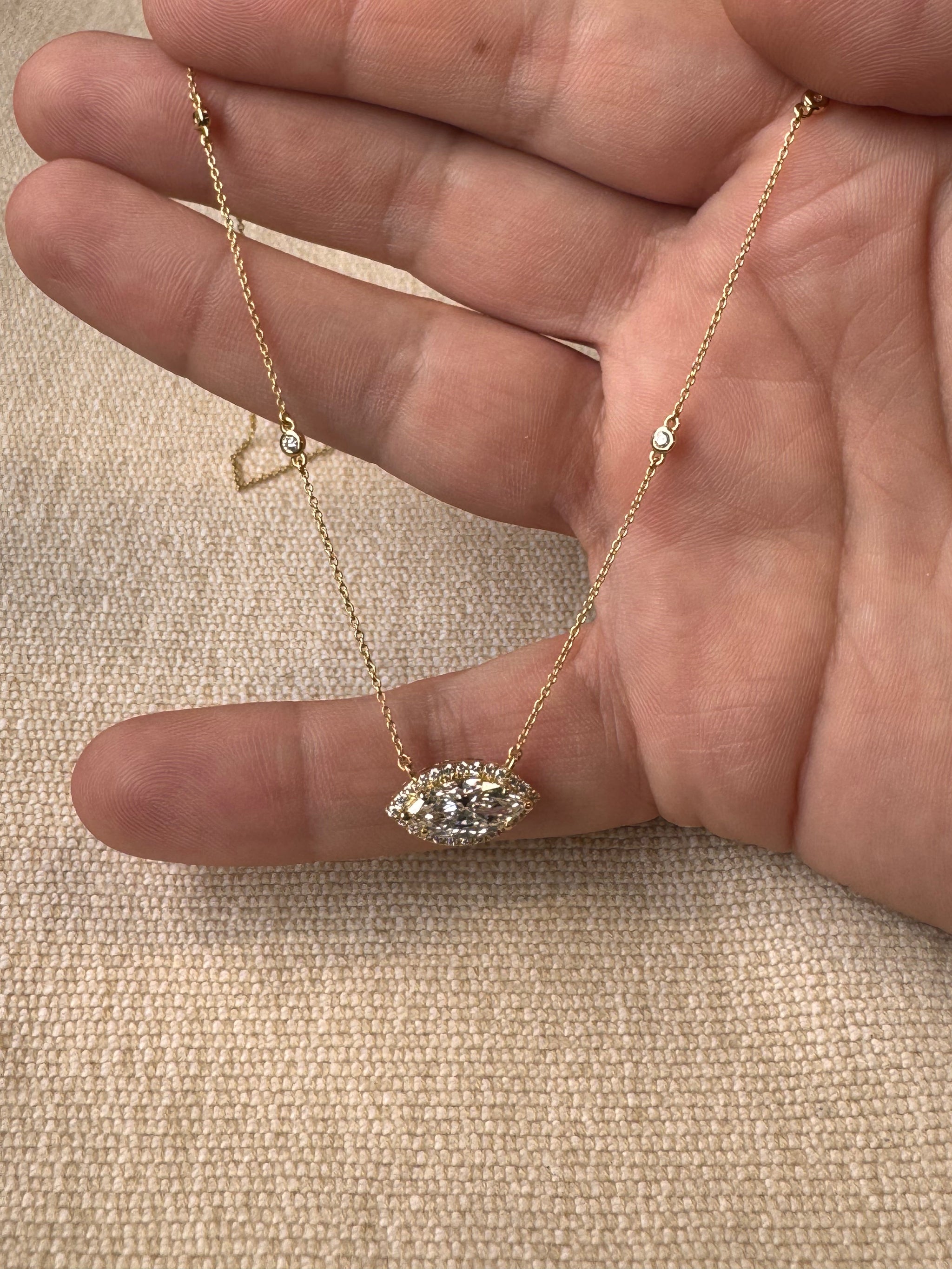 OBFJ0063 - 14k Gold Diamond by the Yard Necklace with Halo Marquise Center 4