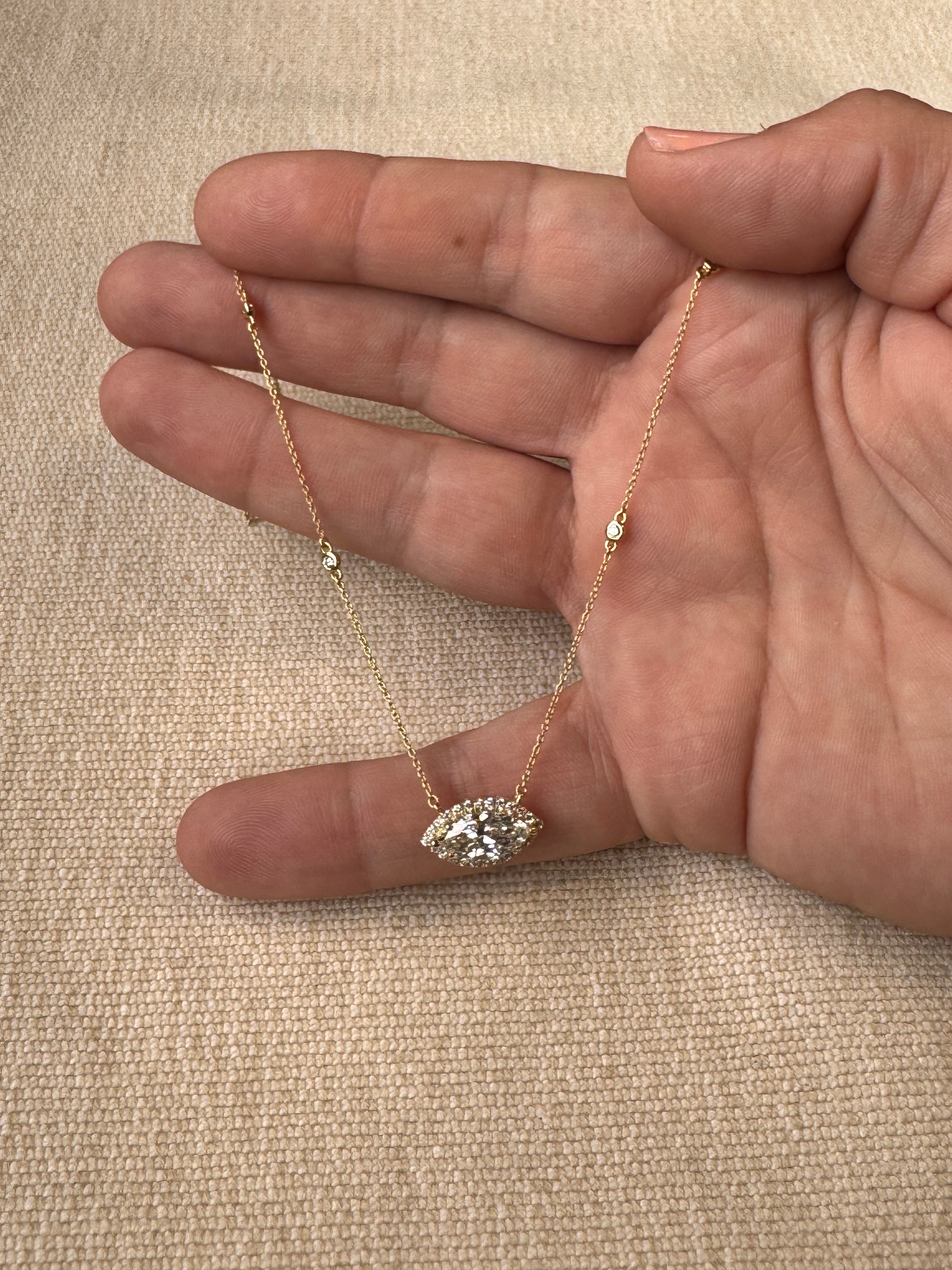 OBFJ0063 - 14k Gold Diamond by the Yard Necklace with Halo Marquise Center 5